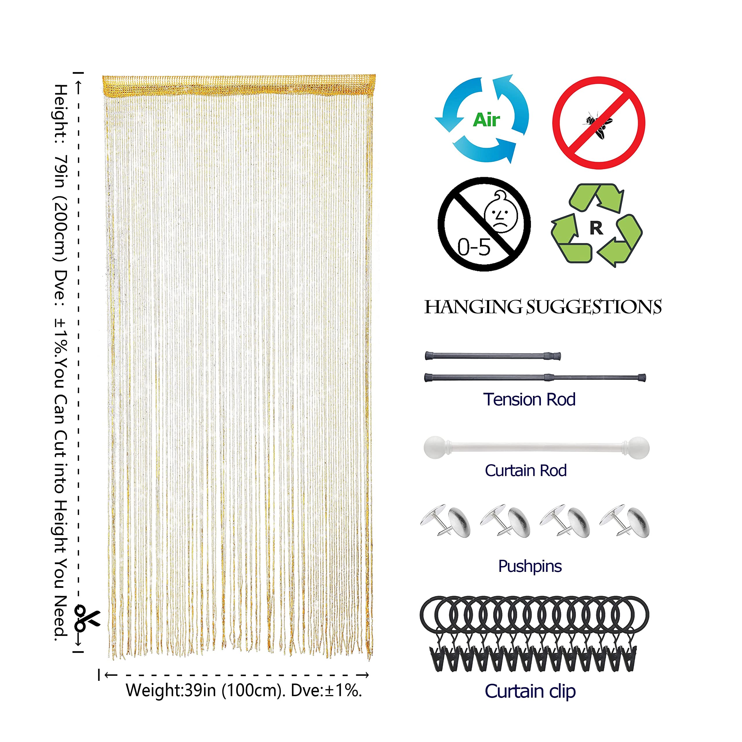 4 Pcs Door String Curtain Doorway Beads Curtains,Hanging Room Divider Beaded Decor Hippie Glitter Fringe Panel Closet Window Wal