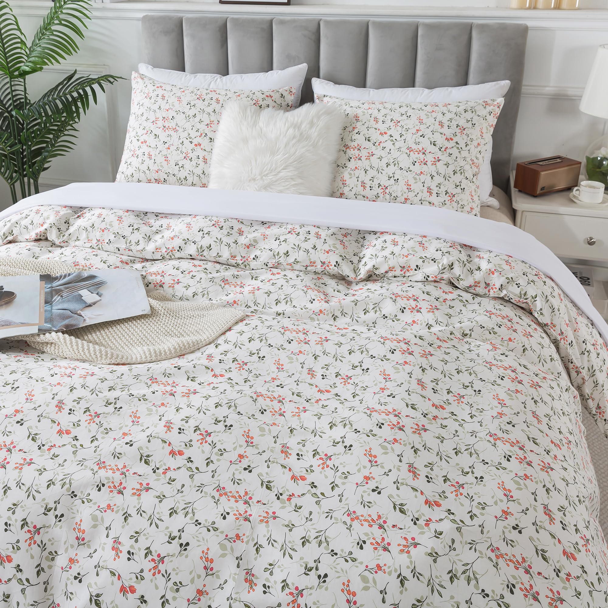 HoneiLife Duvet Dover King Size - 100% Cotton Comforter Cover Floral Duvet Cover Sets, Breathable Duvet Cover with Zipper Closur