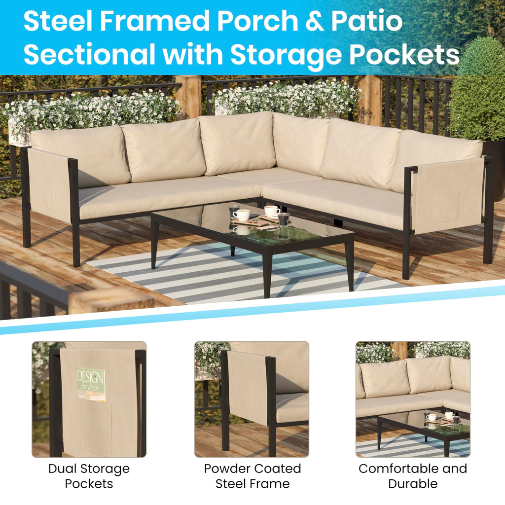 Flash Furniture Lea Indoor/Outdoor Sectional With Cushions - Modern Steel Framed Chair With Dual Storage Pockets, Black With Beige Cushions