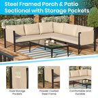 Flash Furniture Lea Indoor/Outdoor Sectional With Cushions - Modern Steel Framed Chair With Dual Storage Pockets, Black With Beige Cushions