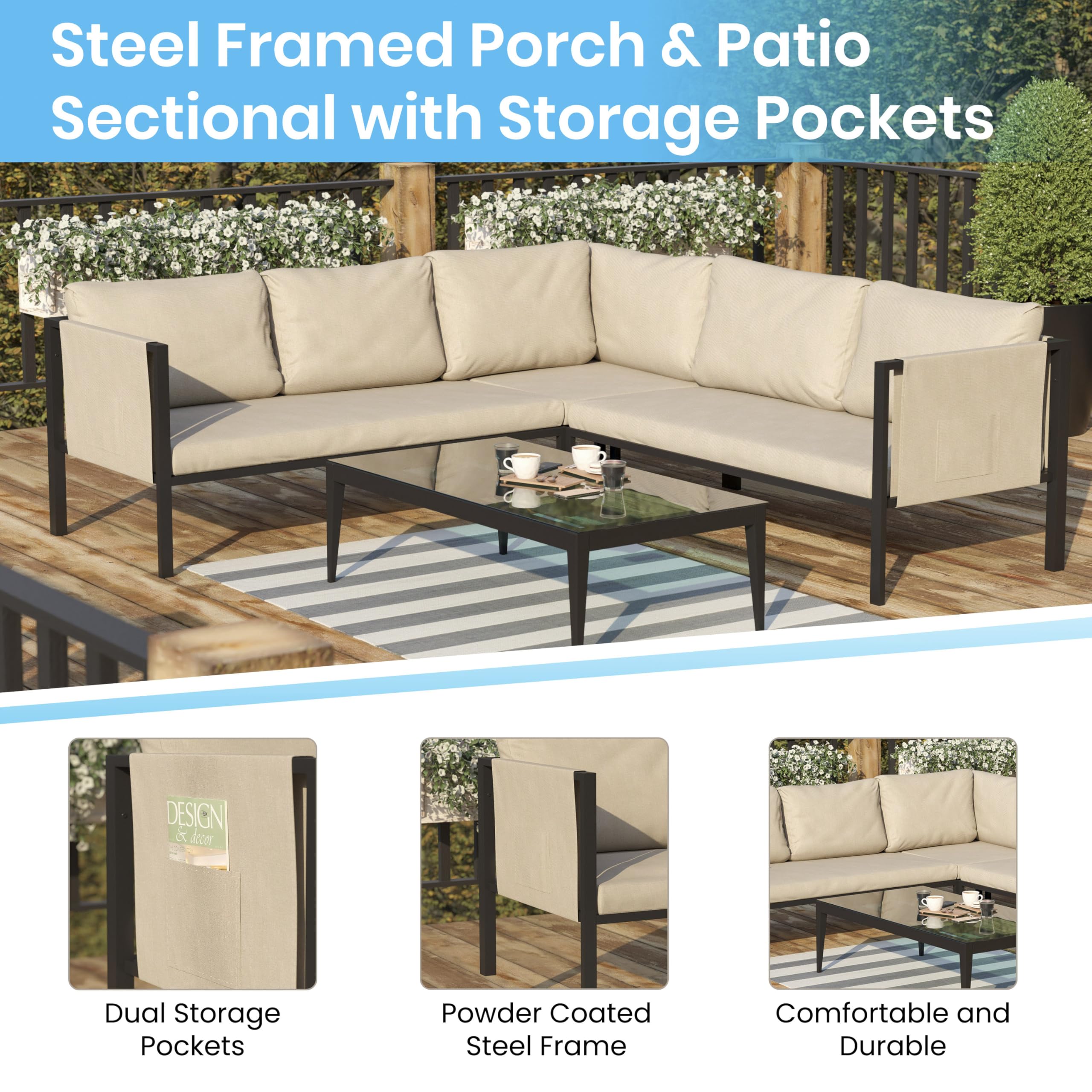 Flash Furniture Lea Indoor/Outdoor Sectional With Cushions - Modern Steel Framed Chair With Dual Storage Pockets, Black With Beige Cushions