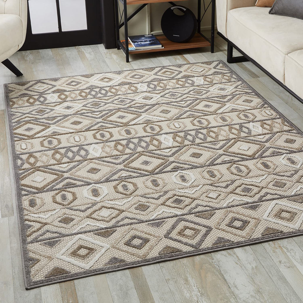 HomeRoots Grey UV-Treated Polypropylene 2’ x 4’ Gray Ivory Aztec Pattern Indoor Outdoor Area Rug