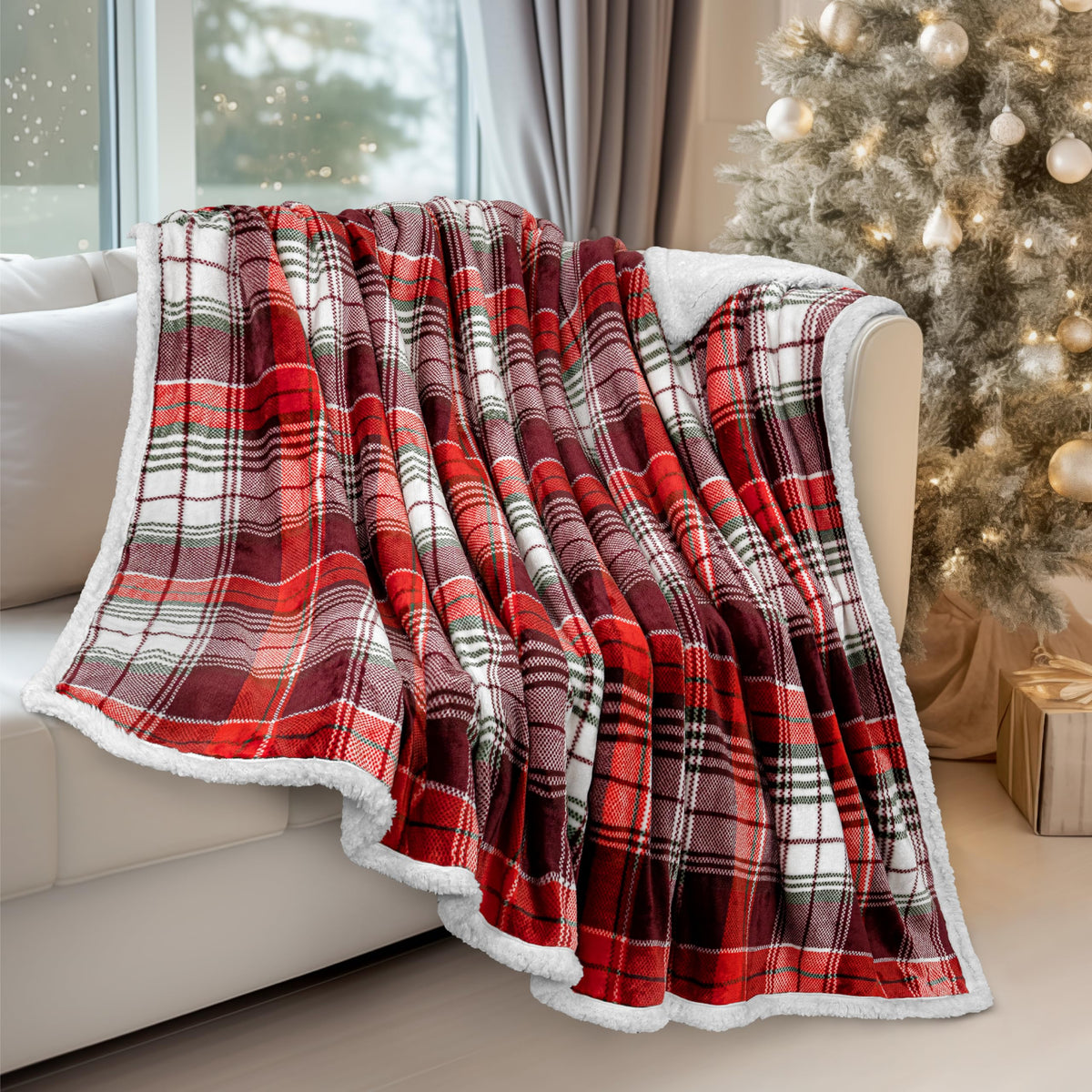 Pavilia Christmas Plaid Blanket | Sherpa Fleece Flannel Throw Blanket | Christmas Plaid Warm Plush Microfiber Blanket For Couch