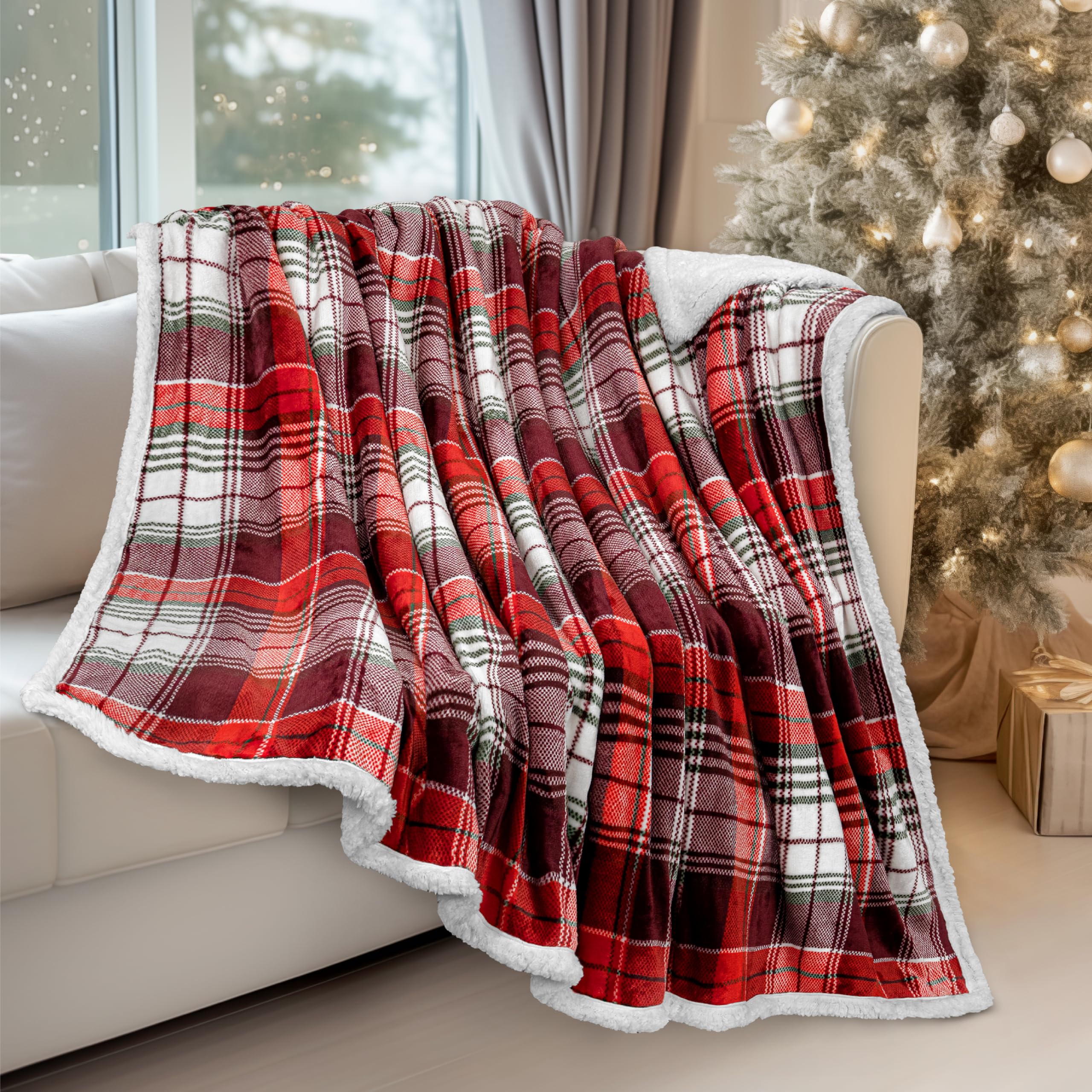 Pavilia Christmas Plaid Blanket | Sherpa Fleece Flannel Throw Blanket | Christmas Plaid Warm Plush Microfiber Blanket For Couch