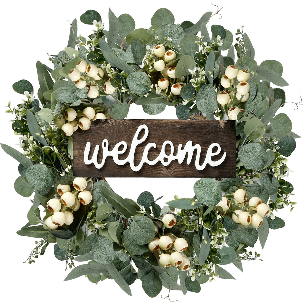 Sggvecsy Green Artificial Eucalyptus Wreath with Welcome Sign 20in Spring Summer Wreath with White Berries for Front Door Wall W