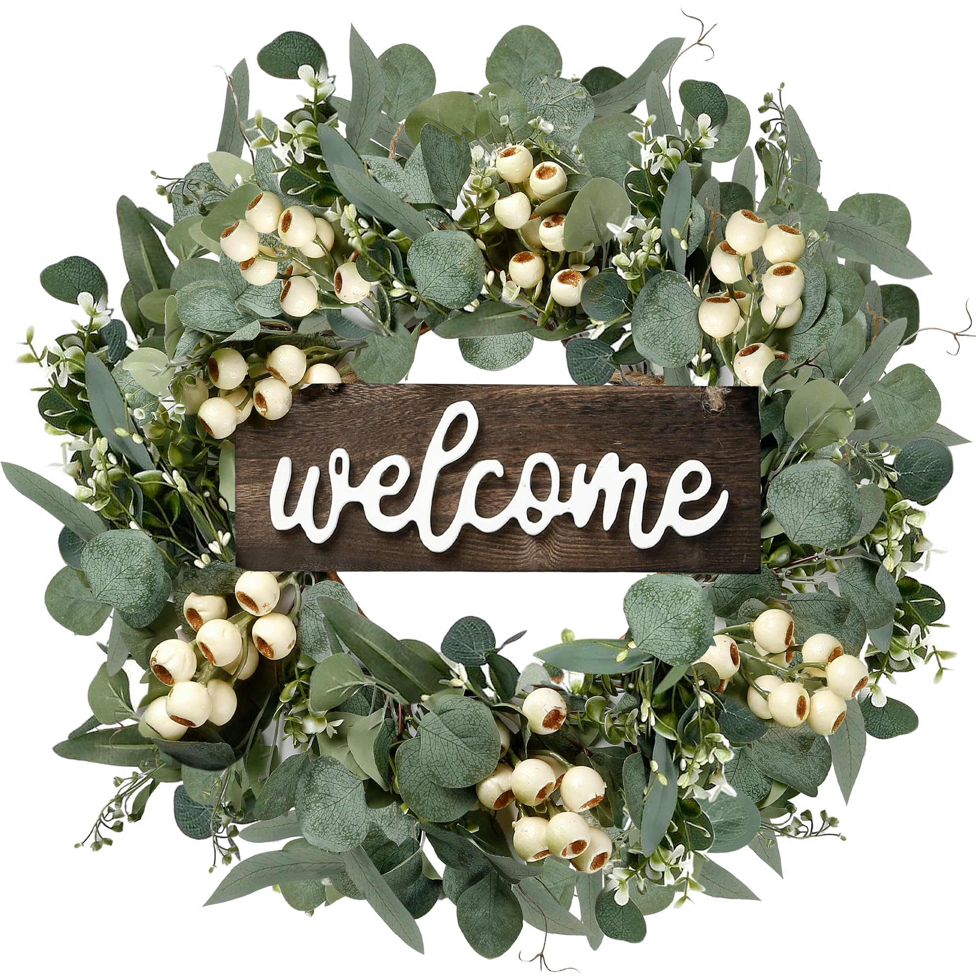 Sggvecsy Green Artificial Eucalyptus Wreath with Welcome Sign 20in Spring Summer Wreath with White Berries for Front Door Wall W