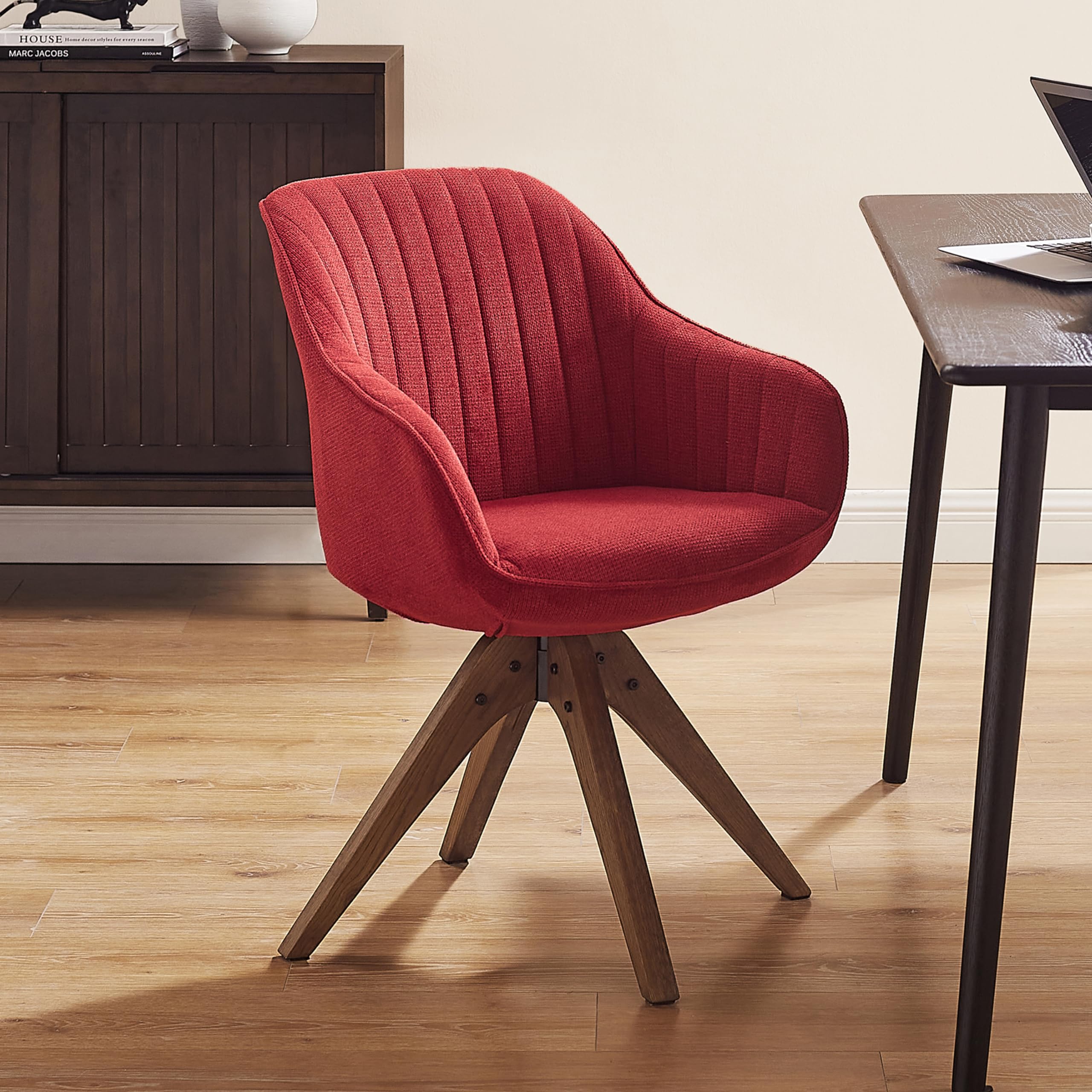 Art Leon Desk Chair No Wheels - Mid Century Modern Office Chair, Swivel Accent Chair with Oak Wood Legs, Fabric Upholstered Arm 