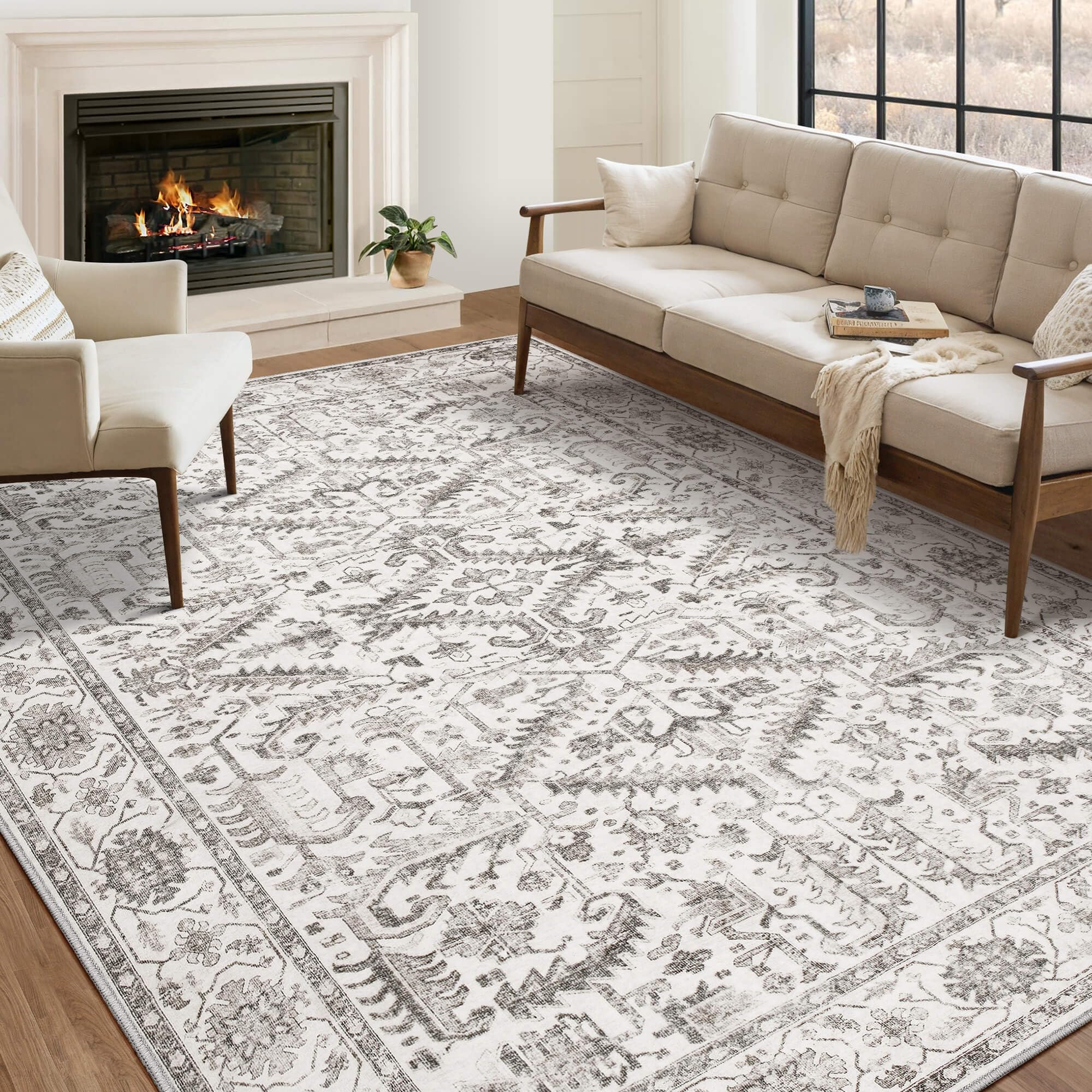 Area Rug 8x10 for Living Room - Washable Rug Soft Large Vintage Rug for Bedroom Dining Room Home Office, Non-Slip Stain Resistan