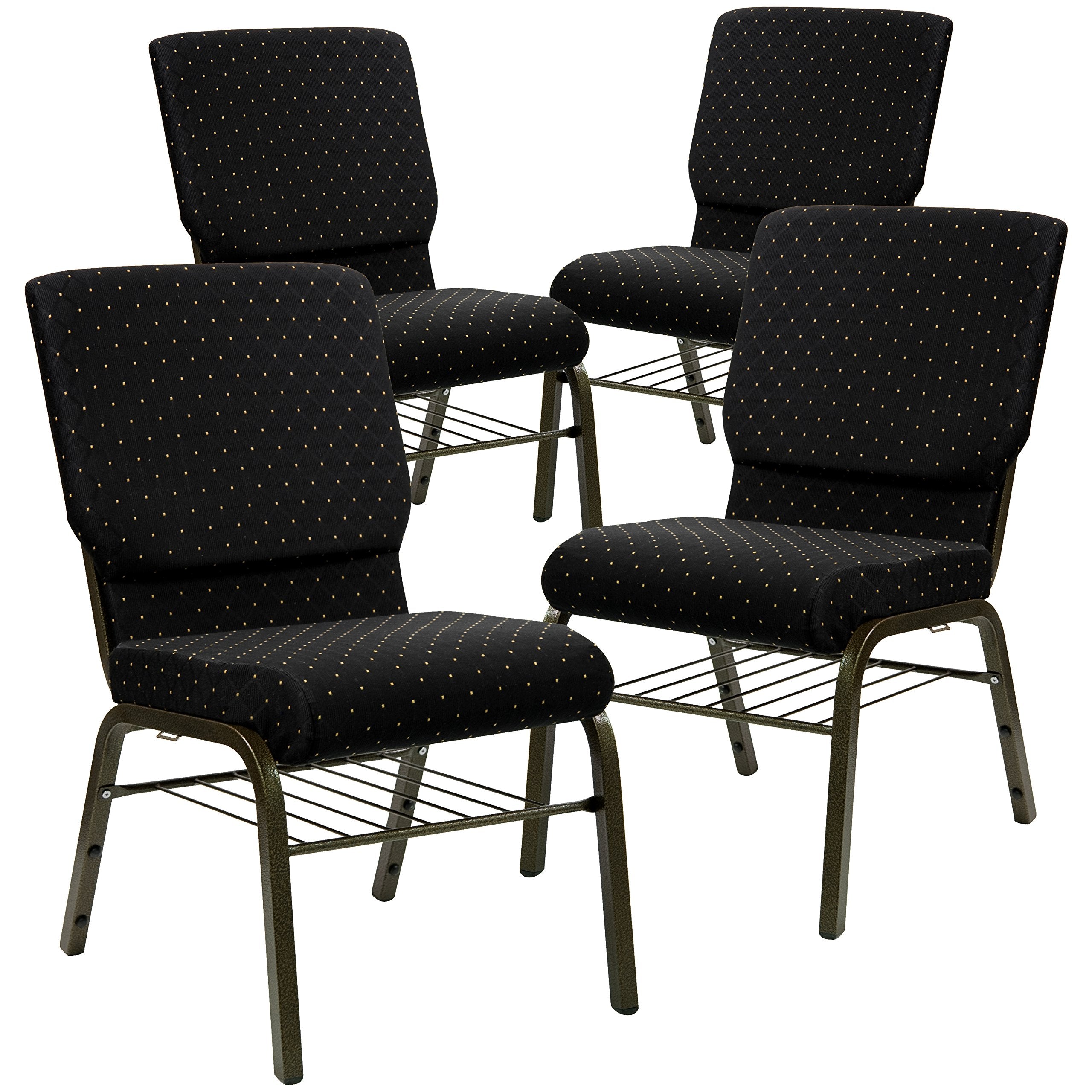 4 Pk. 18.5W Black Dot Fabric Church Chair, Book Rack - Gold Vein Frame