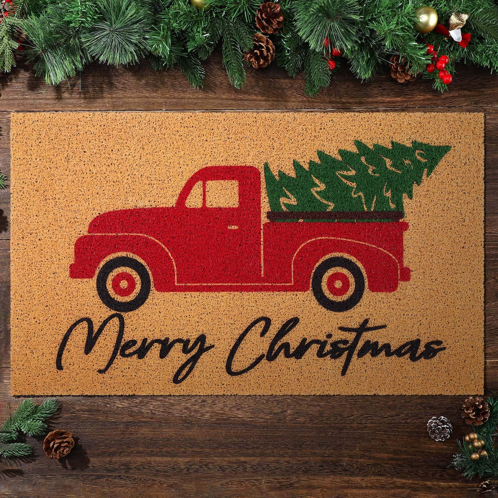 Moucuny Christmas Doormat Truck Floor Mat Winter Outdoor Rugs Decorative Outdoor Xmas Non Slip Doormat For Front Porch Decor Hom