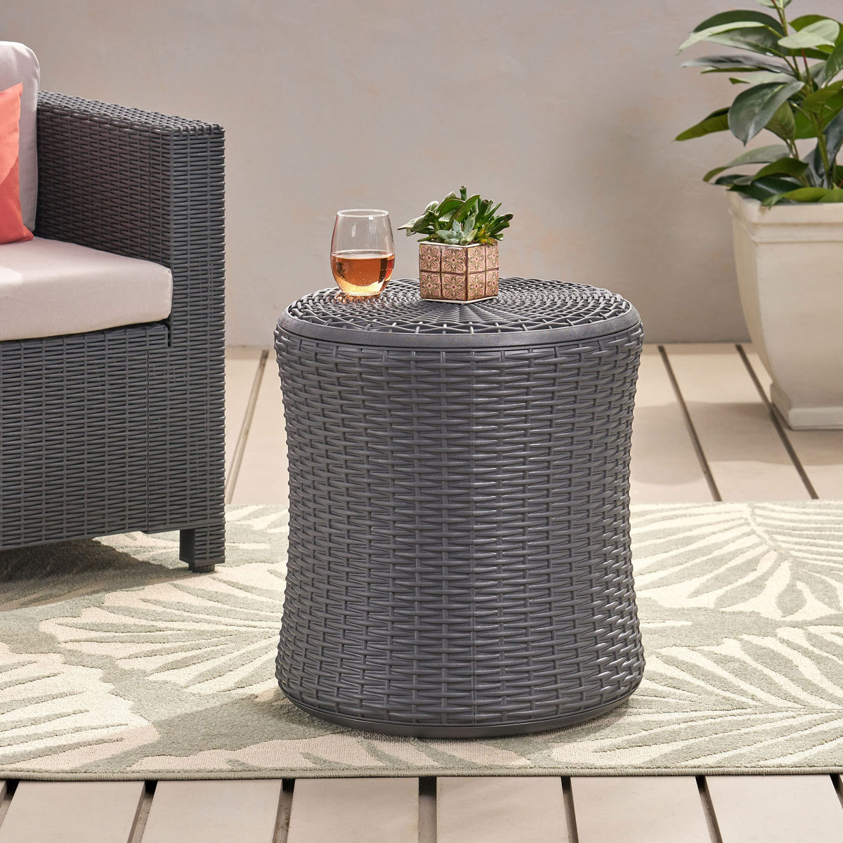 Rpuzonier Resin Wicker Side Table Patio Table With Lid, Outdoor Small Side Table Deck Box Patio Storage Chest, Resin Wicker Stor