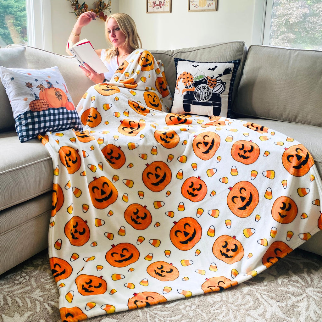 Halloween Throw Blanket: Jack O Lantern Pumpkins With Candy Corns Print On Soft Velvet Fleece For Sofa Bed Couch Chair Or Dorm