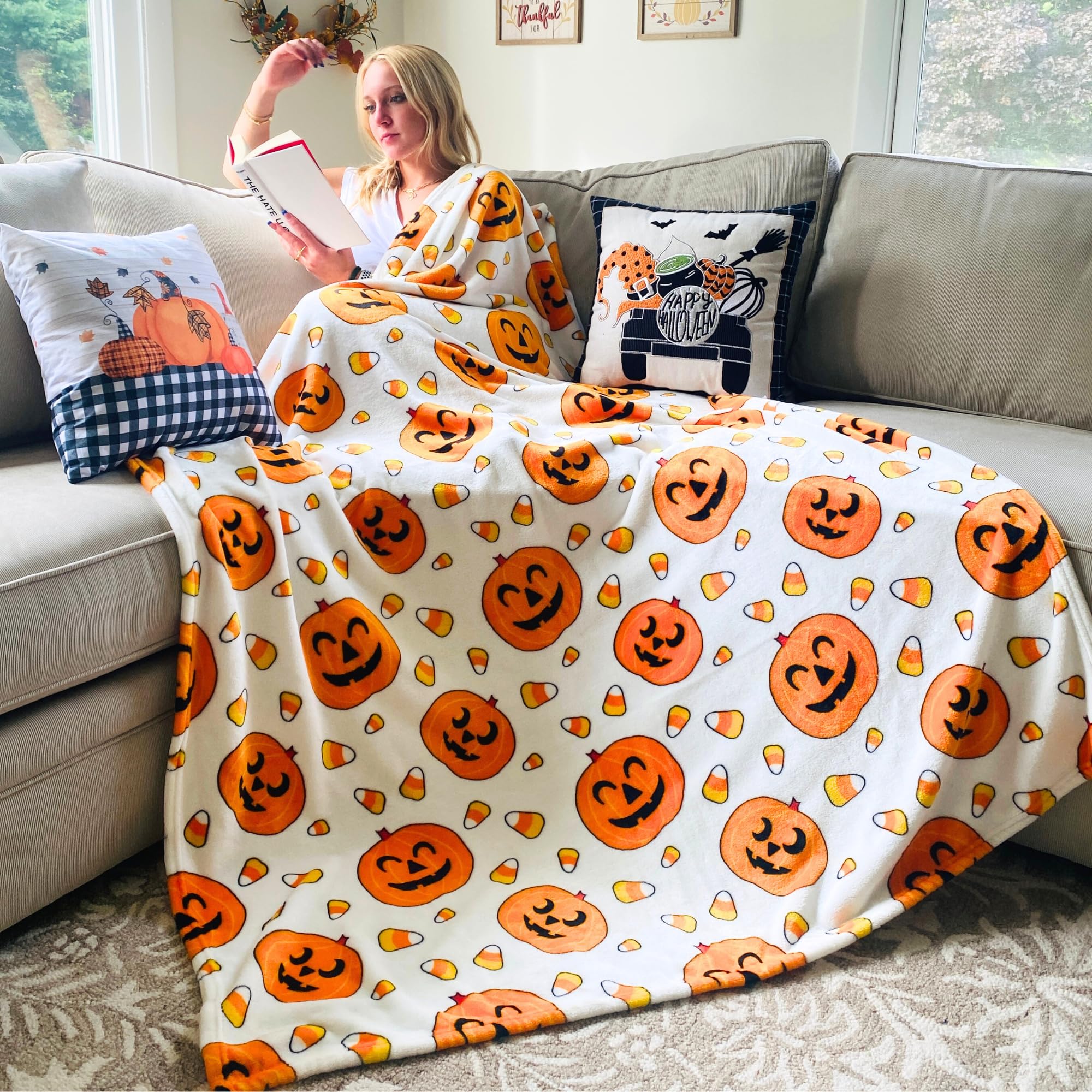 Halloween Throw Blanket: Jack O Lantern Pumpkins With Candy Corns Print On Soft Velvet Fleece For Sofa Bed Couch Chair Or Dorm