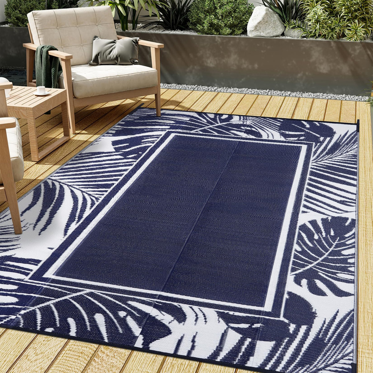 Purecozy Outdoor Plastic Straw Rug Navy Blue Waterproof Indoor Outdoor Patio Rug 5X8 Carpet Tropical Leaf Reversible Mat Modern
