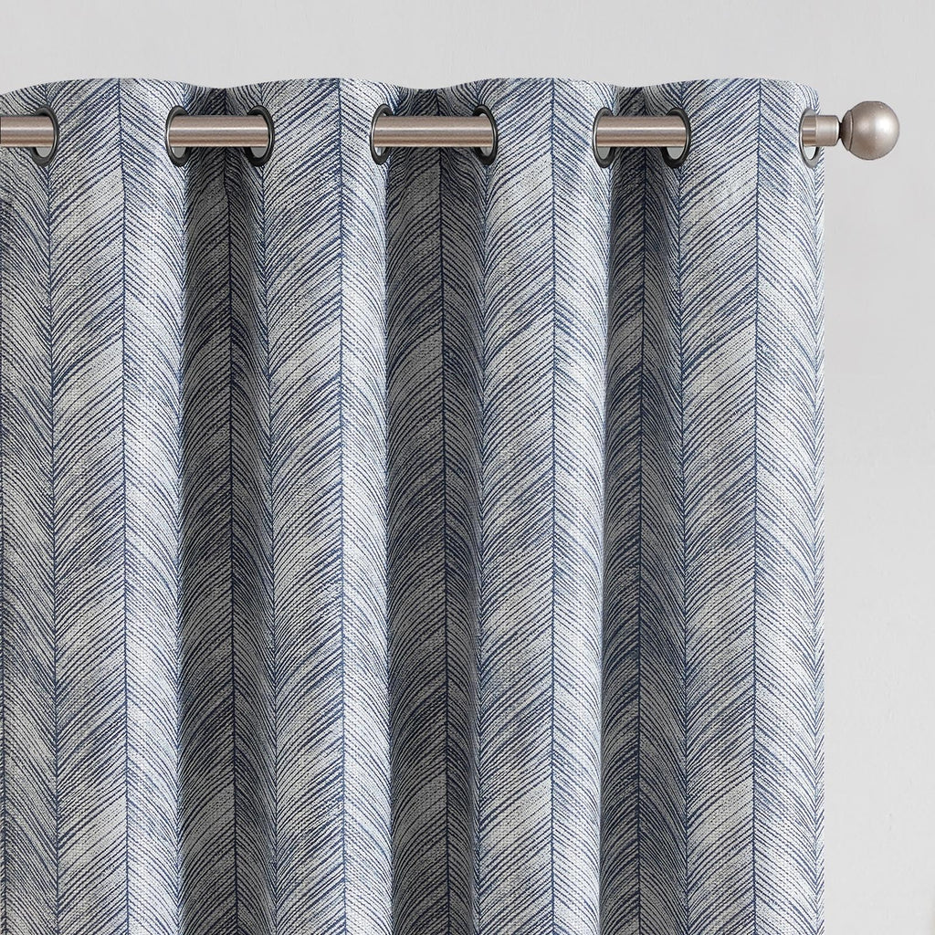 jinchan Blue Printed Curtains 63 Inch Length for Living Room Grommet Jacquard Curtains with Herringbone Pattern Modern Room Dark