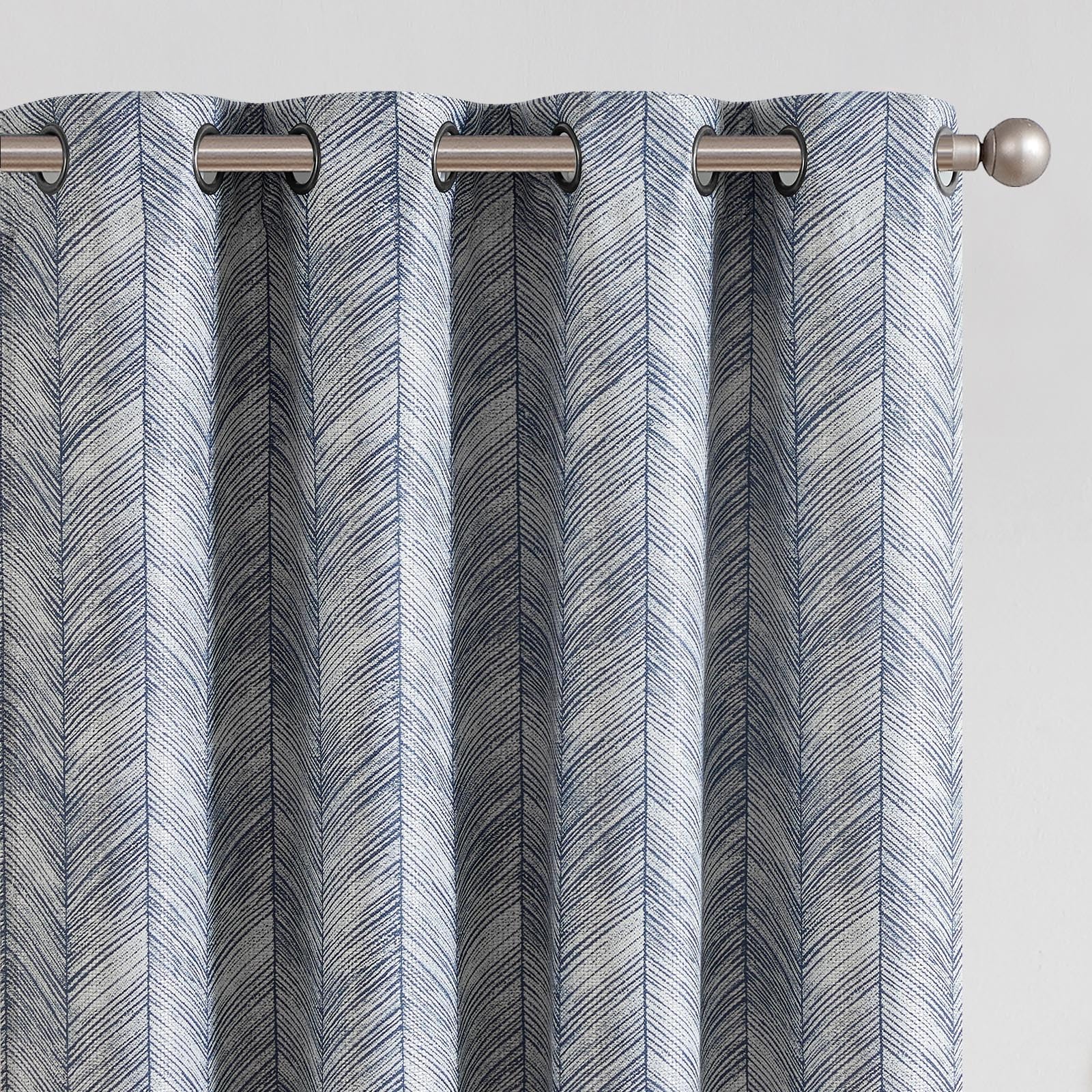 jinchan Blue Printed Curtains 63 Inch Length for Living Room Grommet Jacquard Curtains with Herringbone Pattern Modern Room Dark