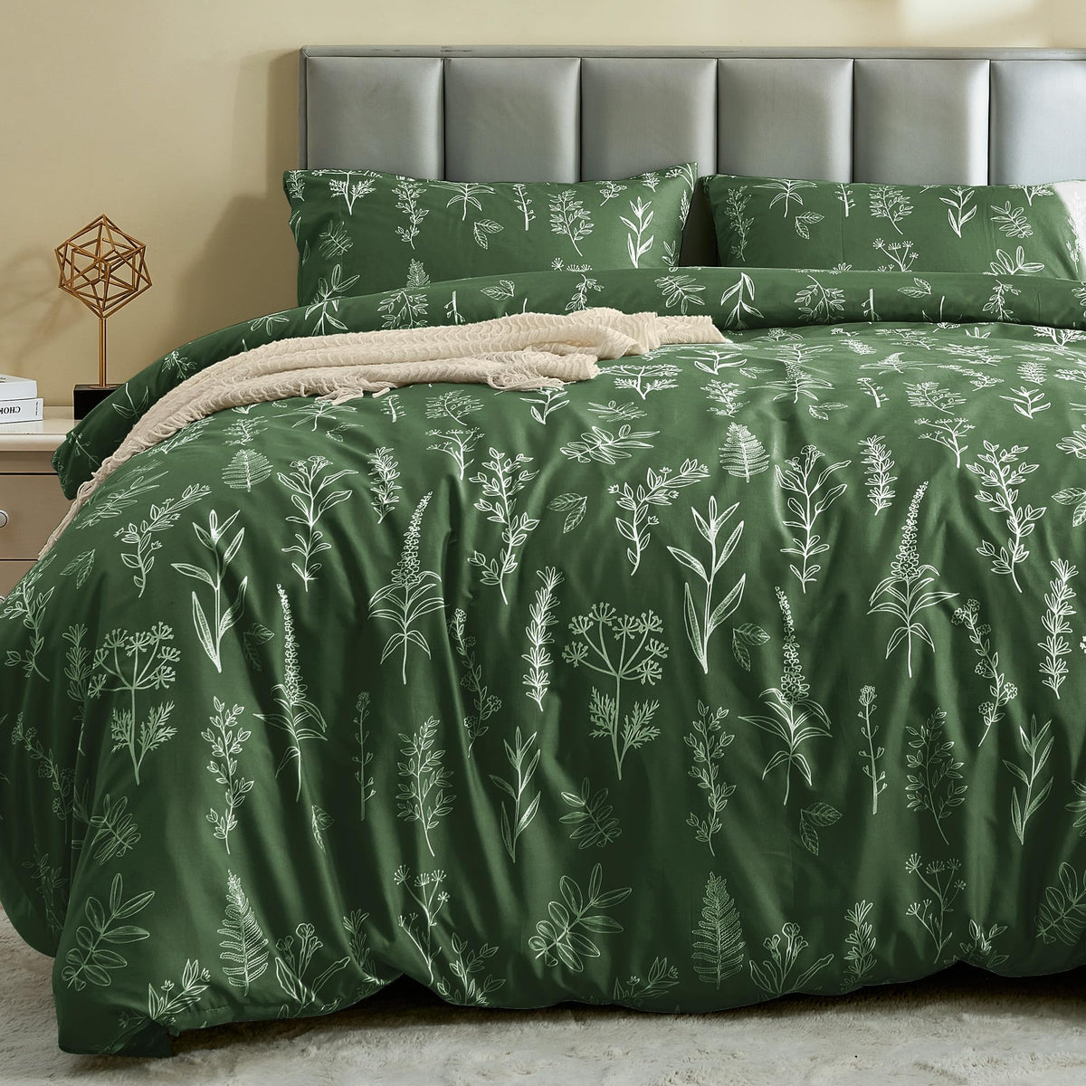 Muxhomo Duvet Cover King Size, Reversible Floral Dark Green Duvet Cover Set With Zipper Closure, 3 Pieces Botanical Patterns Sof
