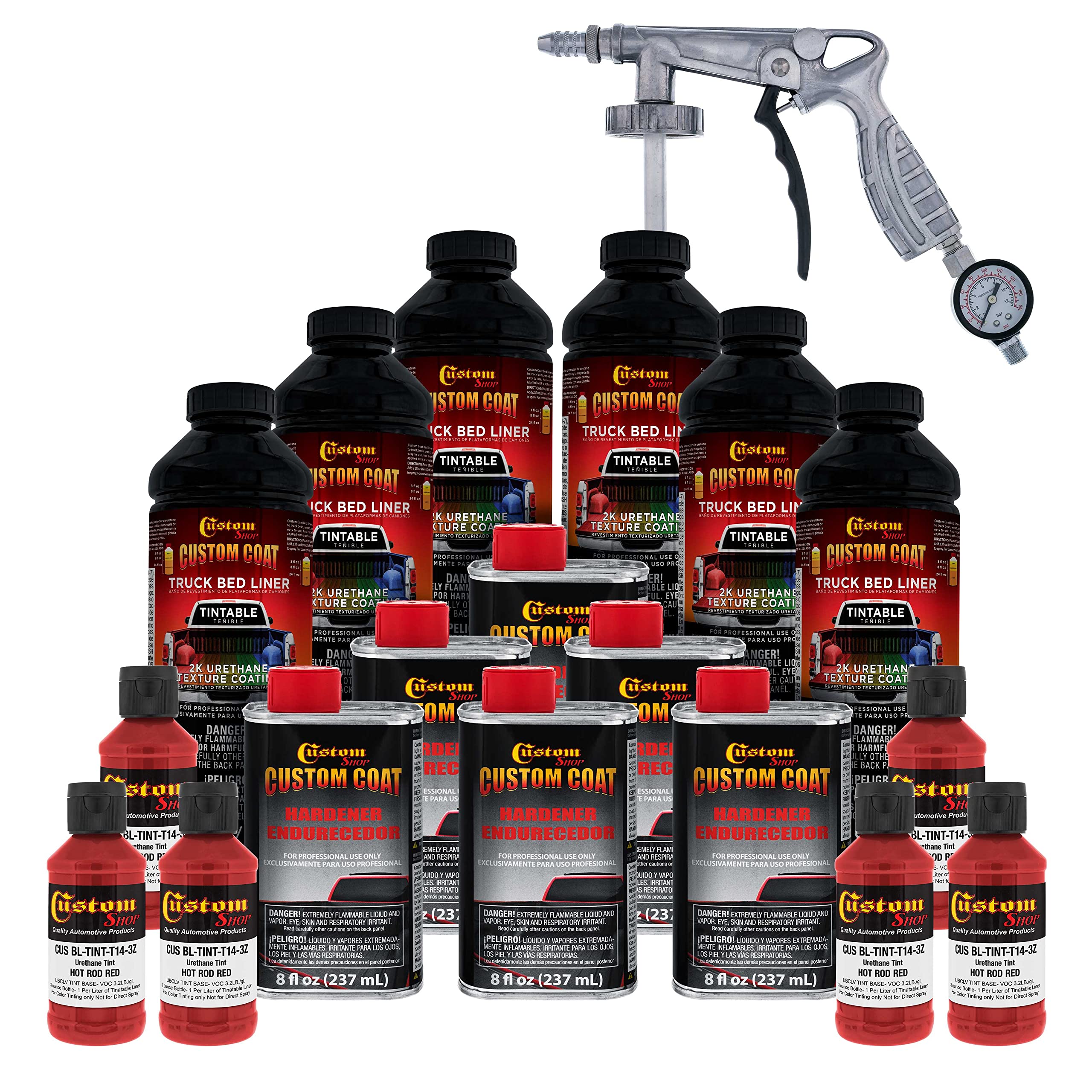 Custom Coat Hot Rod Red 1.5 Gallon (6 Quart) Urethane Spray-On Truck Bed Liner Kit With Spray Gun And Regulator - Easy Mixing, S