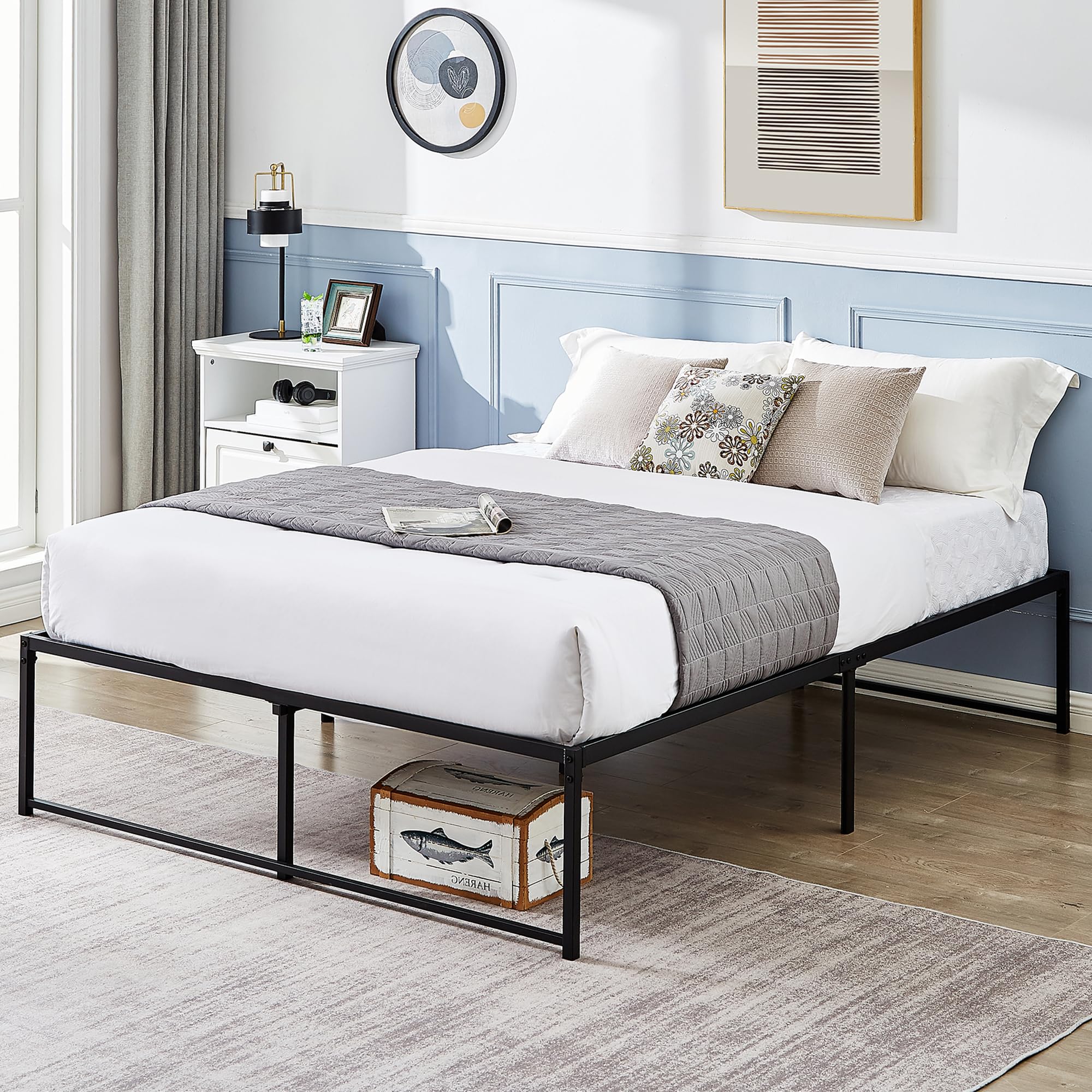 Vecelo 16' Metal Platform Tall Bed Frame,Mattress Foundation/No Box Spring Needed/Heavy Duty Steel Slat Support (Full Size)