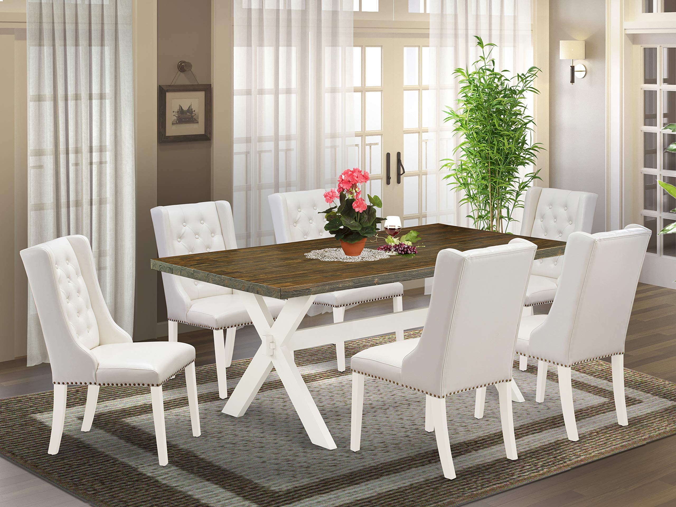 East West Furniture X-Style 7 Piece Kitchen Set Consist of a Rectangle Table with X-Legs and 6 Light Grey Faux Leather Parson Dining Chairs, 40x72 Inch, X077FO244-7