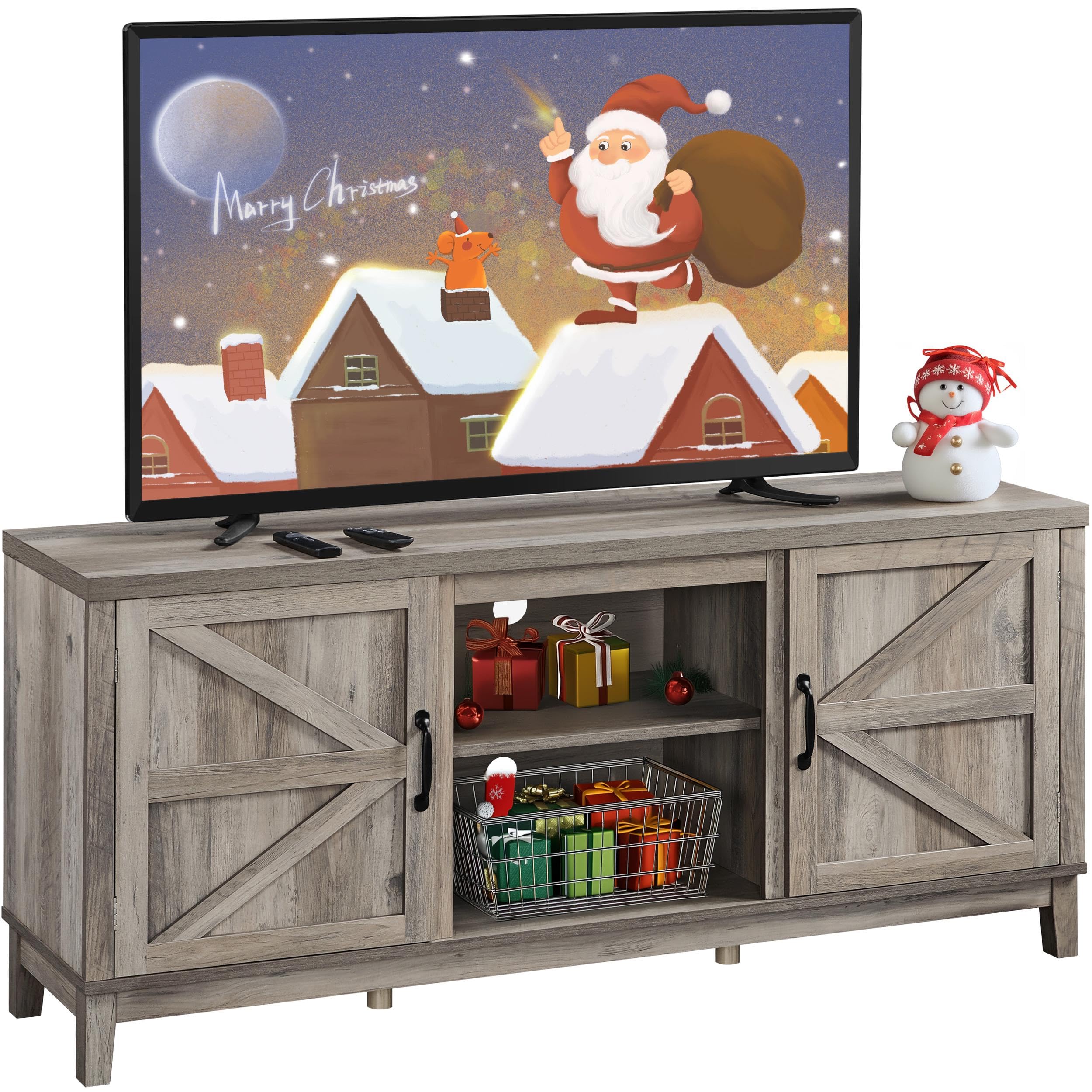 Yaheetech Tv Stand For 65 Inch Tv, Farmhouse Tv Console Table For Living Room, Tall Entertainment Center With Double Barn Doors For Bedroom, Gray