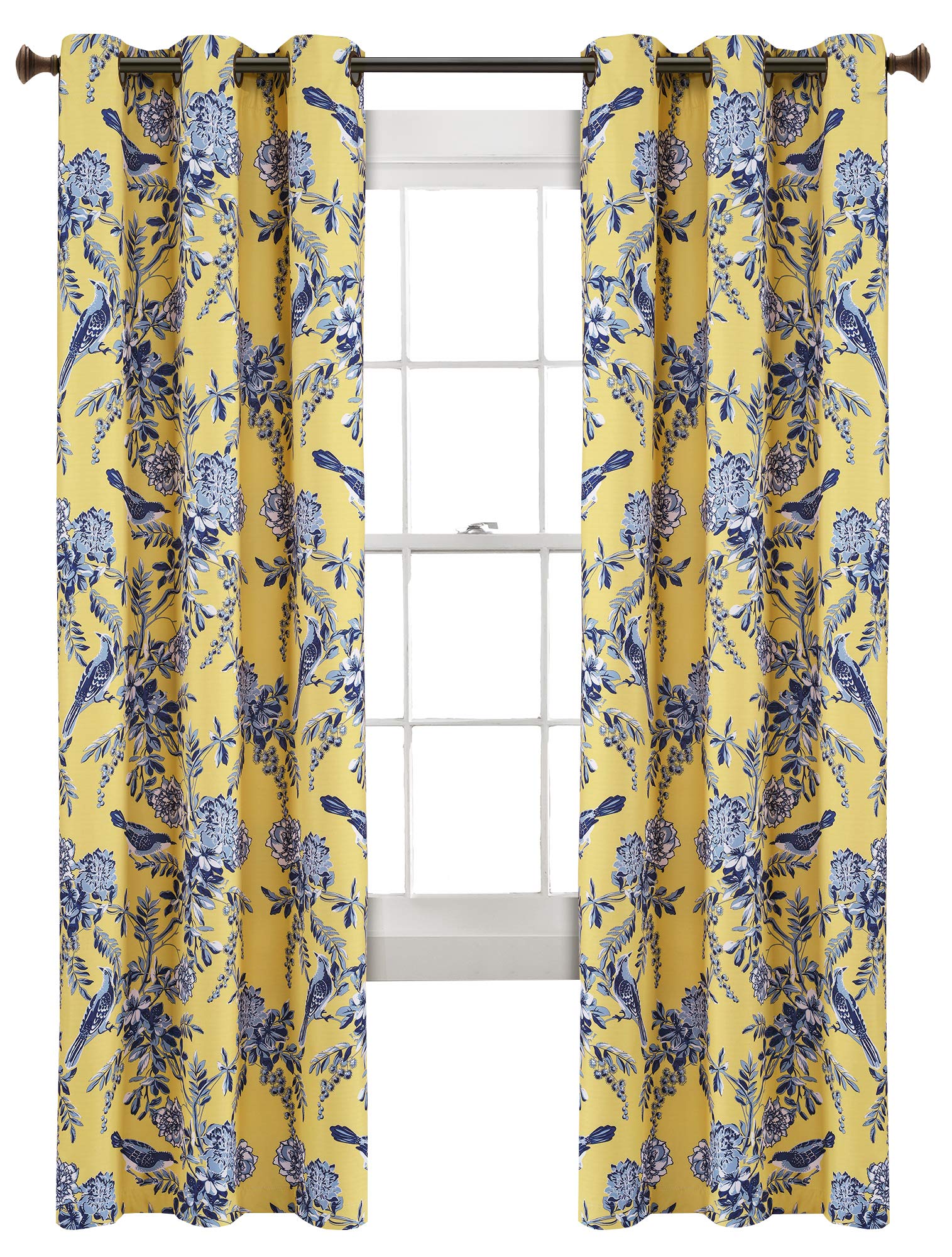 Lush Decor, Yellow and Blue Farmhouse Bird and Flower Insulated Grommet Blackout Window Curtain Panel Pair, 84 x 38, 84 in x 38
