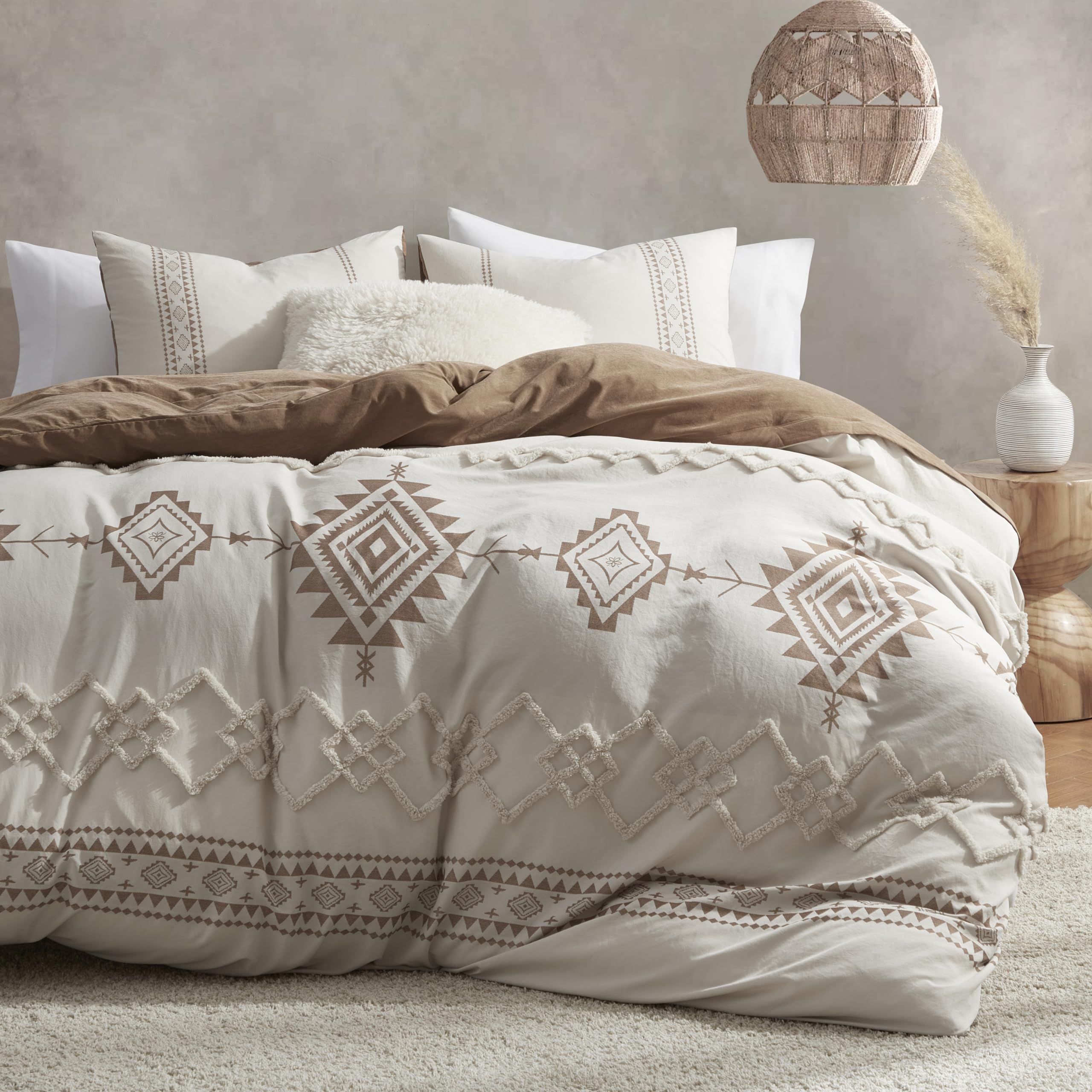 Oli Anderson Boho Duvet Cover Set King Size, Beige And Terracotta Color Clash 3 Pieces Microfiber Bedding Set, Durable And Super
