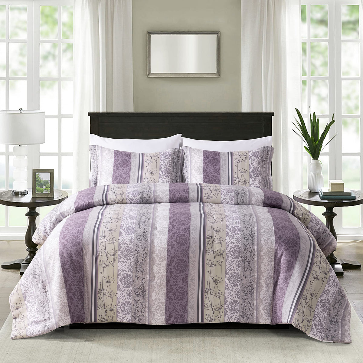 Sunshine Nicole Soft Brushed Microfiber Comforter Set, 7 Pieces Queen, With Light Weight Soft Poly Fill, Printed Purple Grey Flo