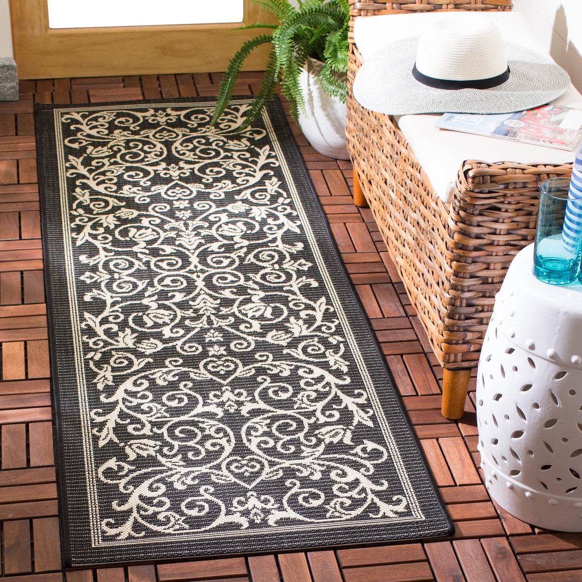 Safavieh Courtyard Collection Runner Rug - 2'3' X 12', Black & Sand, Scroll Design, Non-Shedding & Easy Care, Indoor/Outdoor &