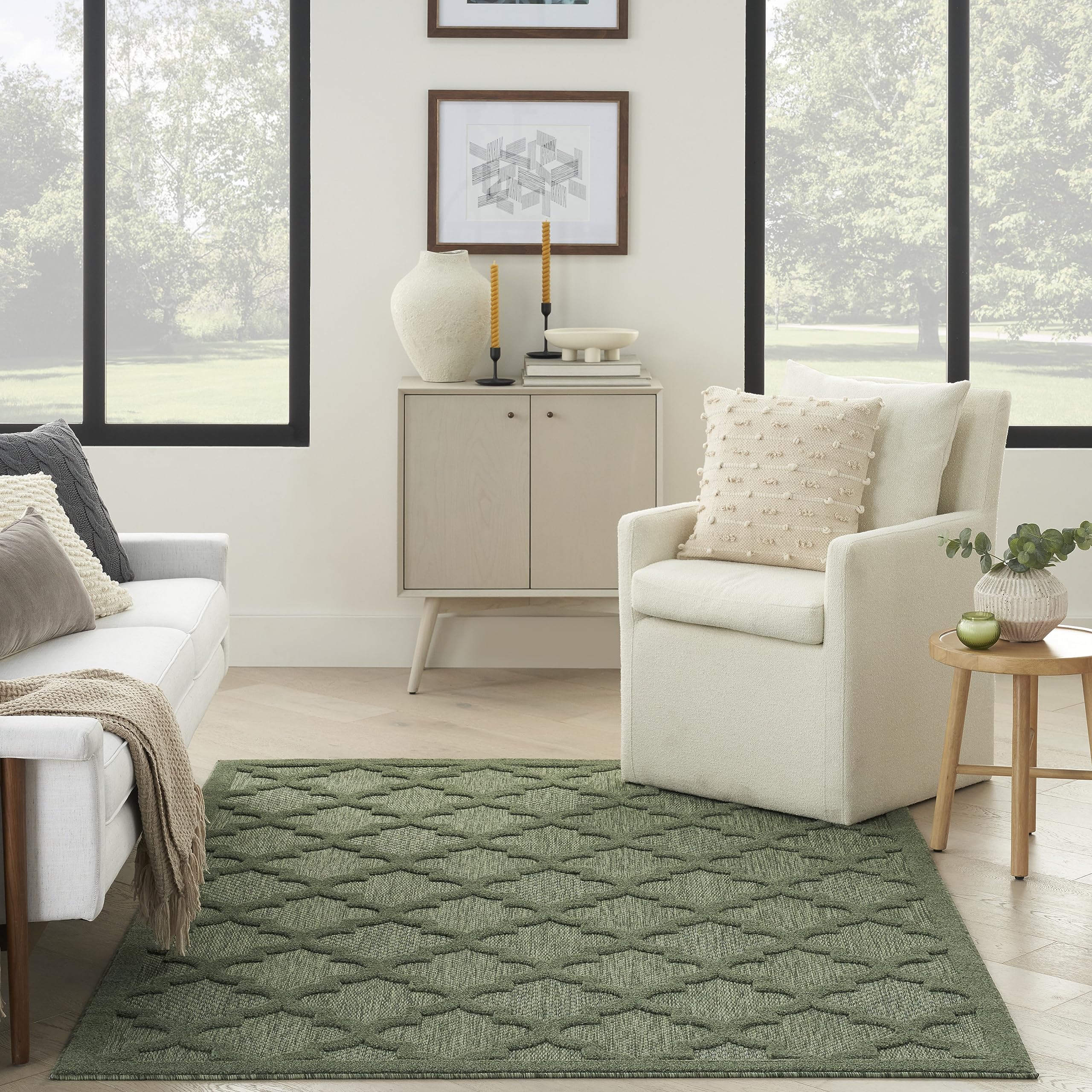 Nourison Easy Care Indoor/Outdoor Green 4' X 6' Area Rug, Easy Cleaning, Non Shedding, Bed Room, Living Room, Dining Room, Backyard, Deck, Patio (4X6)