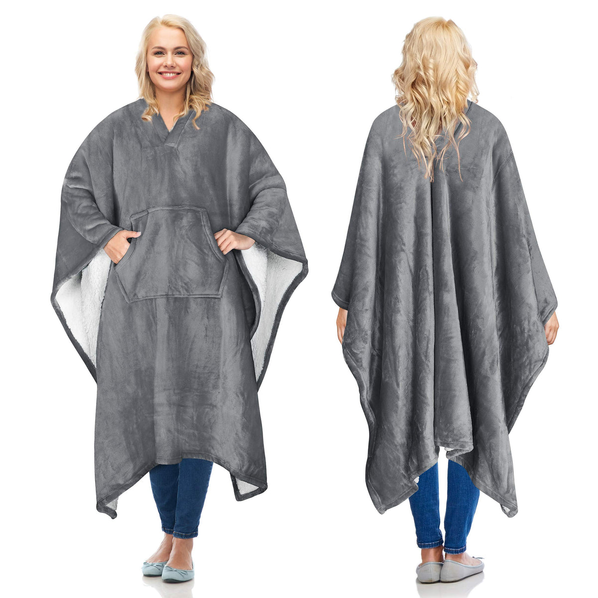 Catalonia Sherpa Wearable Poncho For Adult Women Men, Wrap Blanket Cape With Pocket, Warm, Soft, Cozy, Snuggly, Comfort Gift, No