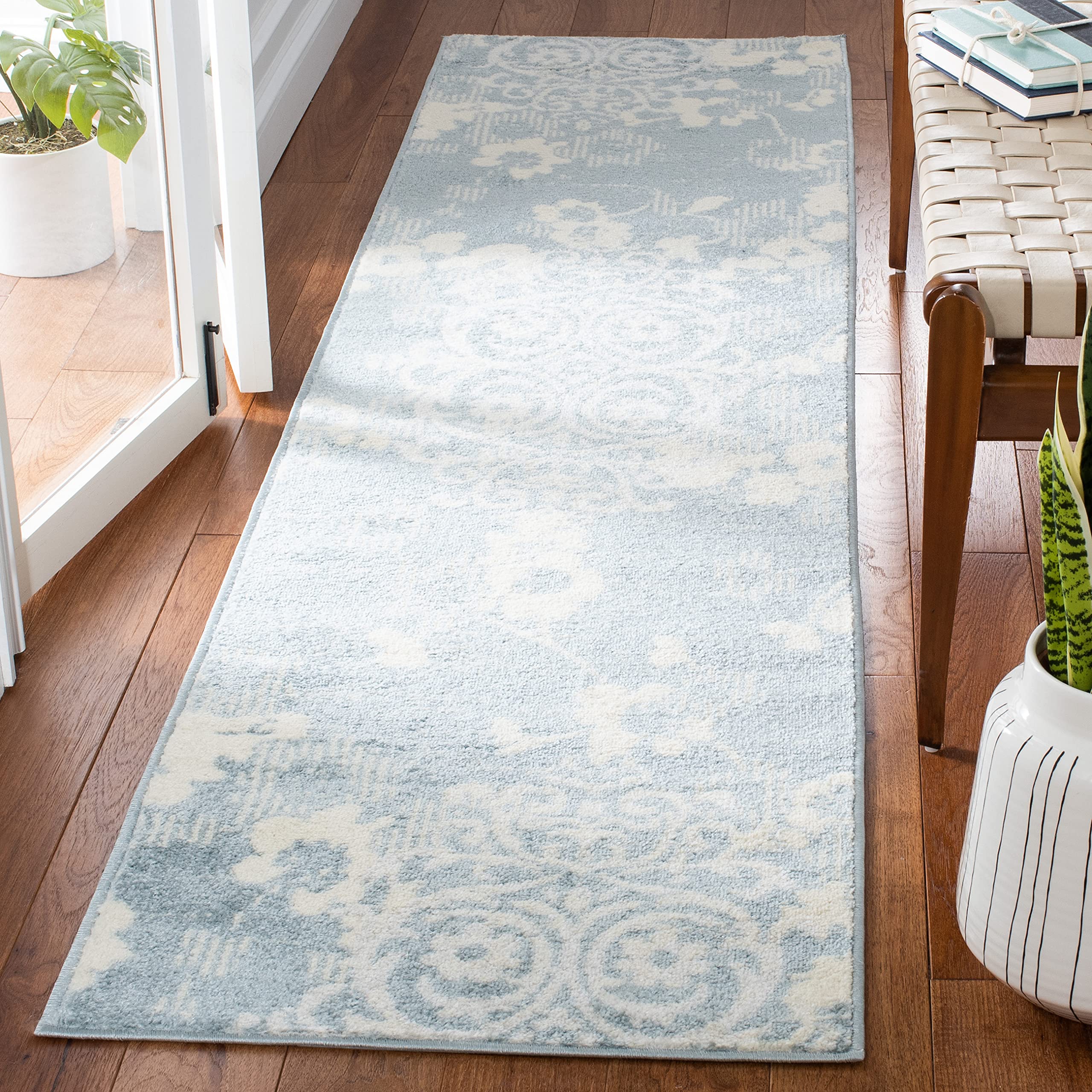 SAFAVIEH Adirondack Collection Runner Rug - 22 x 9, Grey & Ivory, Floral Glam Damask Distressed Design, Non-Shedding & Easy Ca