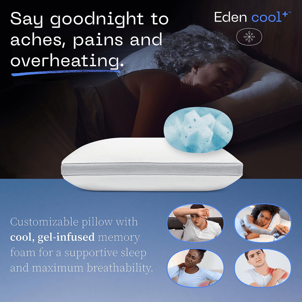 Coop Home Goods Eden Cool+ Adjustable Pillow, Queen Size Plus Shaped Memory Foam Pillows With Cooling Gel, Back, Stomach Or Side