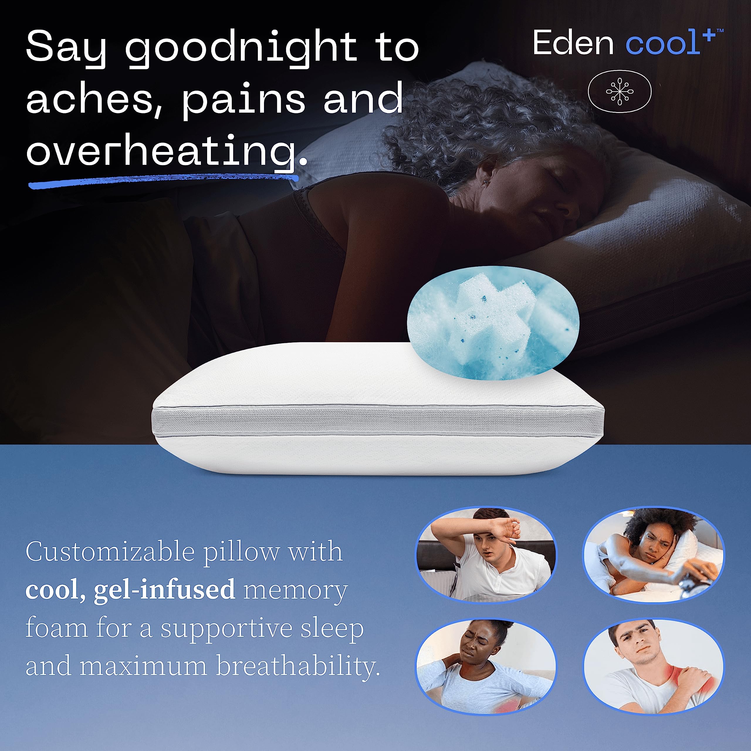 Coop Home Goods Eden Cool+ Adjustable Pillow, Queen Size Plus Shaped Memory Foam Pillows With Cooling Gel, Back, Stomach Or Side