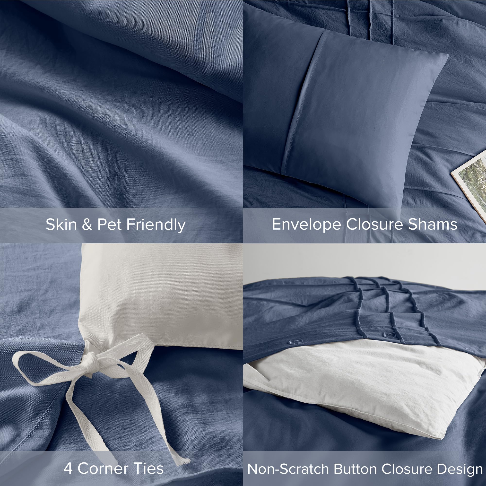 Comfort Spaces Navy Queen Size Duvet Cover Set - 3-Pc Pintuck Pleated Duvet Cover Queen, All Season Lightweight, Extra Softness Pre-Washed Microfiber Queen Bed Cover Shams, Queen