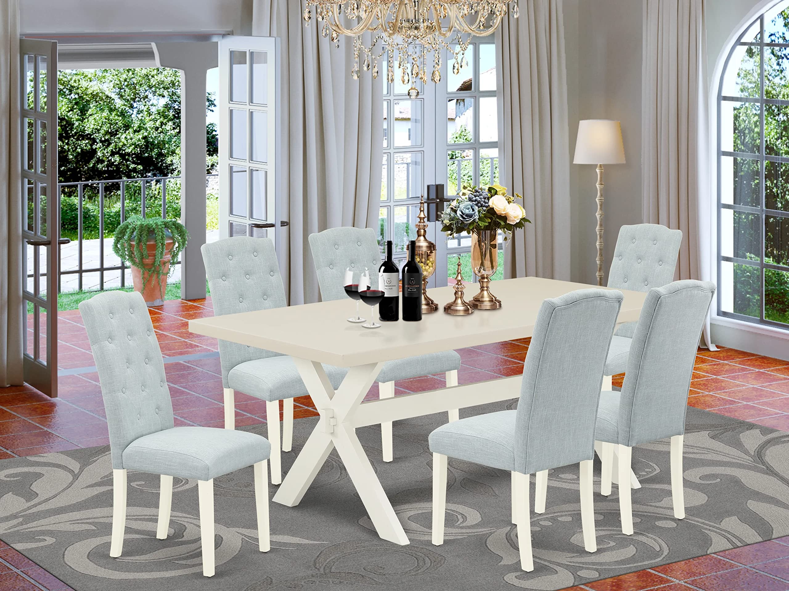 East West Furniture X027Ce215-7 7 Piece Dining Room Table Set Consist Of A Rectangle Kitchen Table With X-Legs And 6 Baby Blue Linen Fabric Parson Dining Chairs, 40X72 Inch, Multi-Color