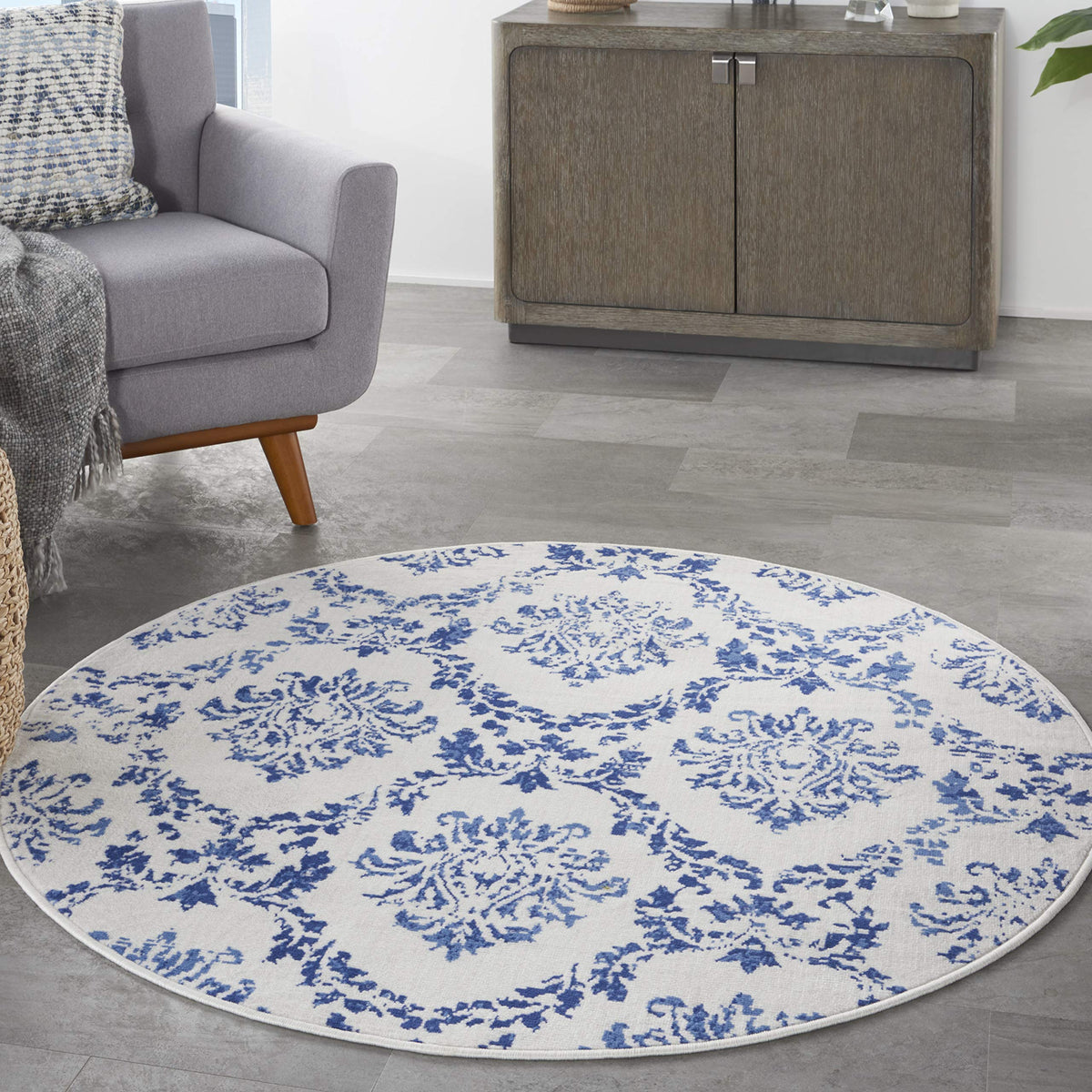 Nourison Whimsicle Damask Ivory Navy 5' X Round Area Rug, Easy Cleaning, Non Shedding, Bed Room, Living Room, Dining Room, Kitch