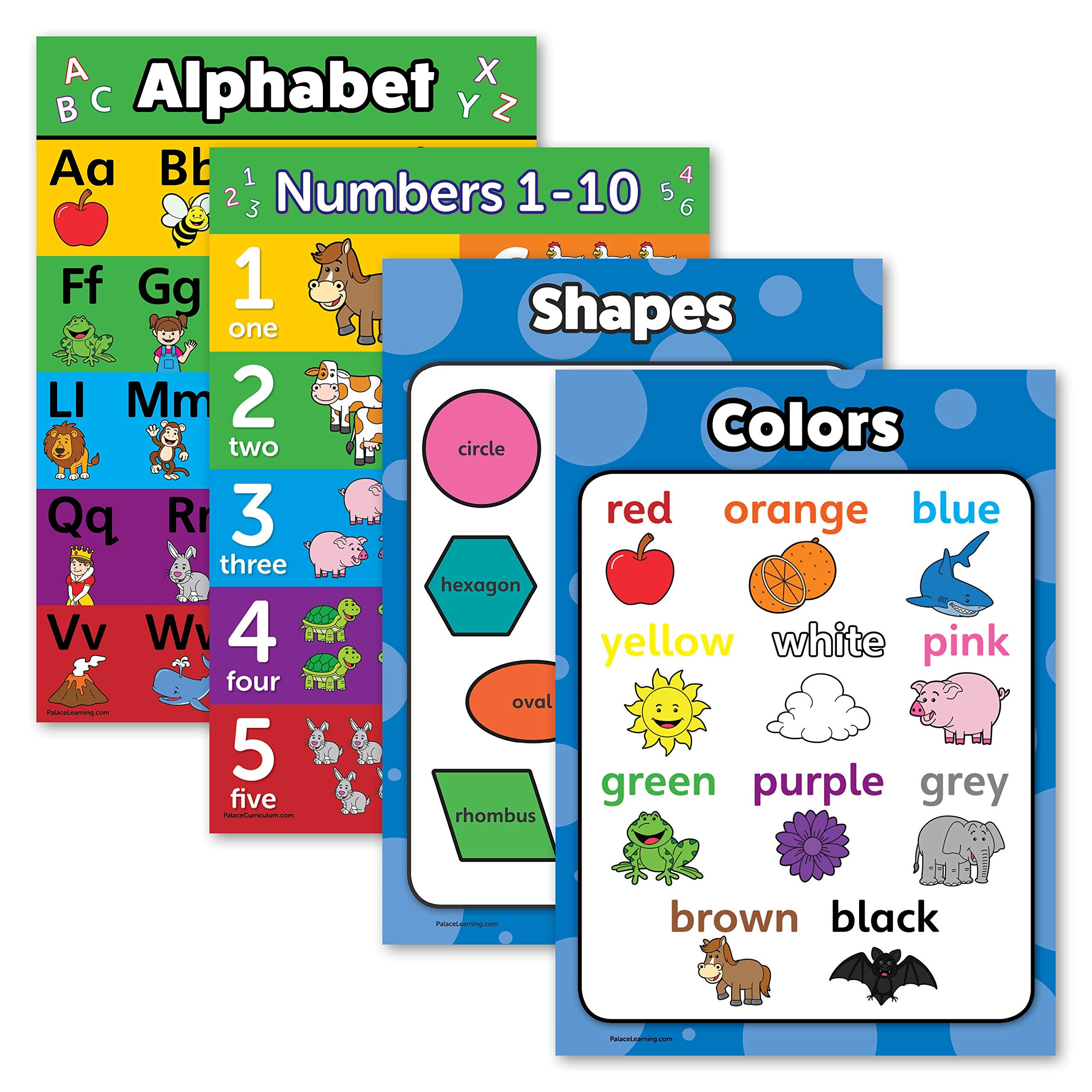 Palace Learning 4 Pack - Abc Alphabet + Numbers 1-10 + Shapes + Colors Poster Set - Toddler Educational Charts (Laminated, 18'