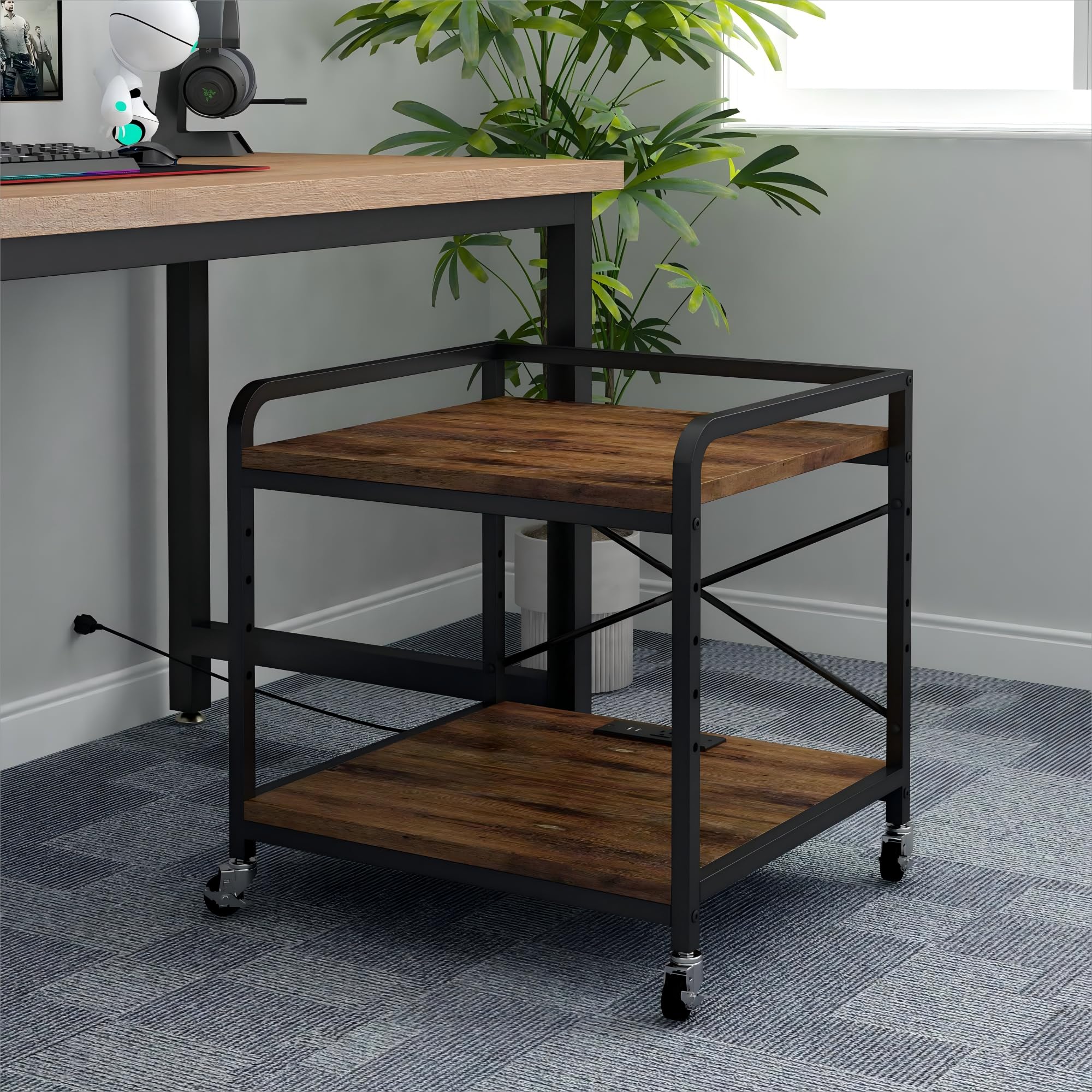 Metyerry Under Desk Printer Stand With Power Outlet Large Printer Table With Adjustable Shelf,Industrial Wheels, 20 Inches Deep