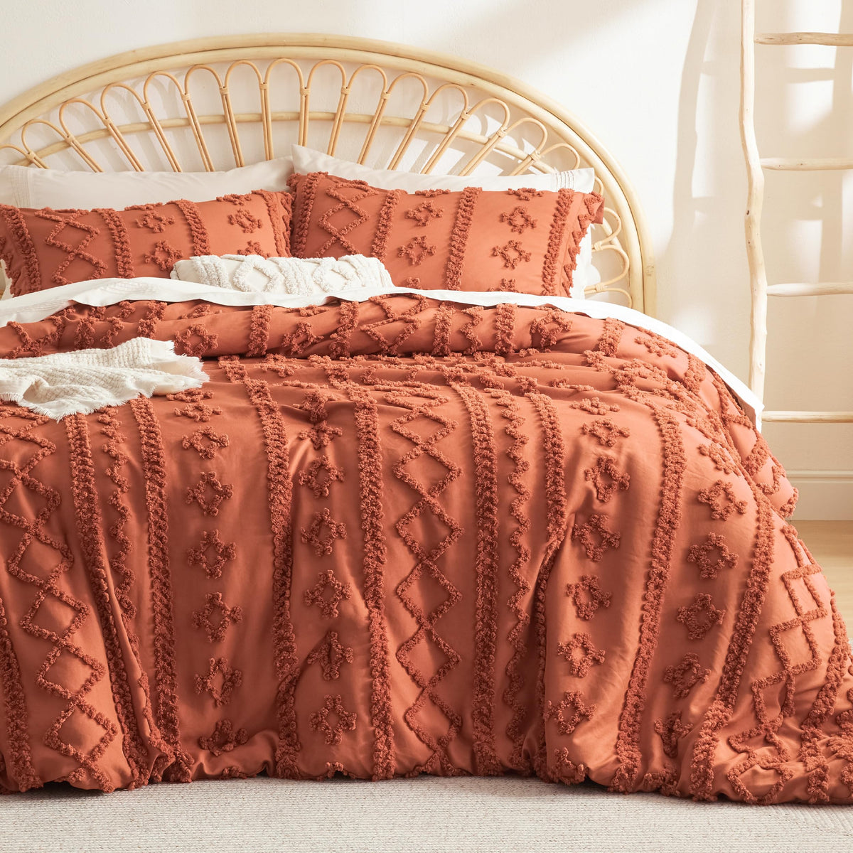 Bedsure Tufted Boho Comforter Set Queen Size - Terracotta Boho Bedding Comforter Set, 3 Pieces Farmhouse Shabby Chic Embroidery