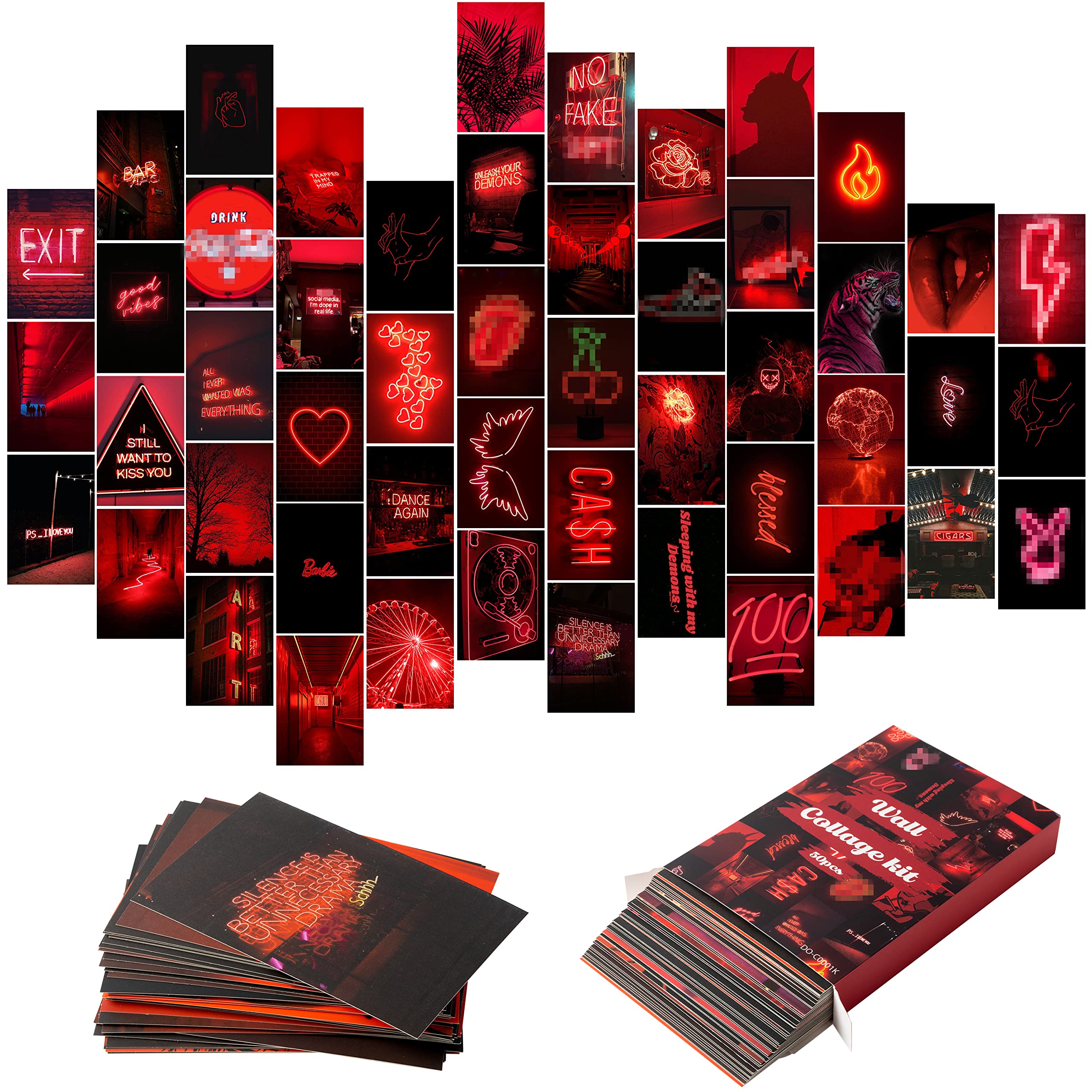 50PCS Red Neon Aesthetic Pictures Wall Collage Kit, Neon Red Photos Collections Collage Dorm Decors for Girl Teens and Women, Tr