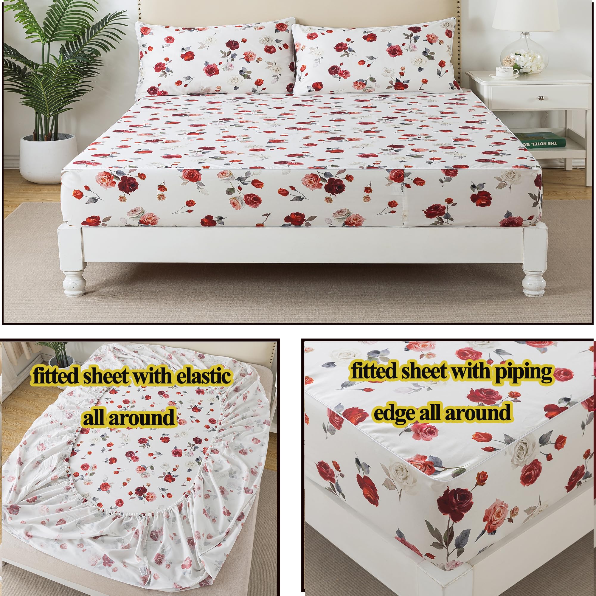 Fadfay Rose Sheets Set Full Vintage White Rose Floral Bedding Chic Red Rose Bed Sheets Shabby Farmhouse Bedding 100% Percale Egy