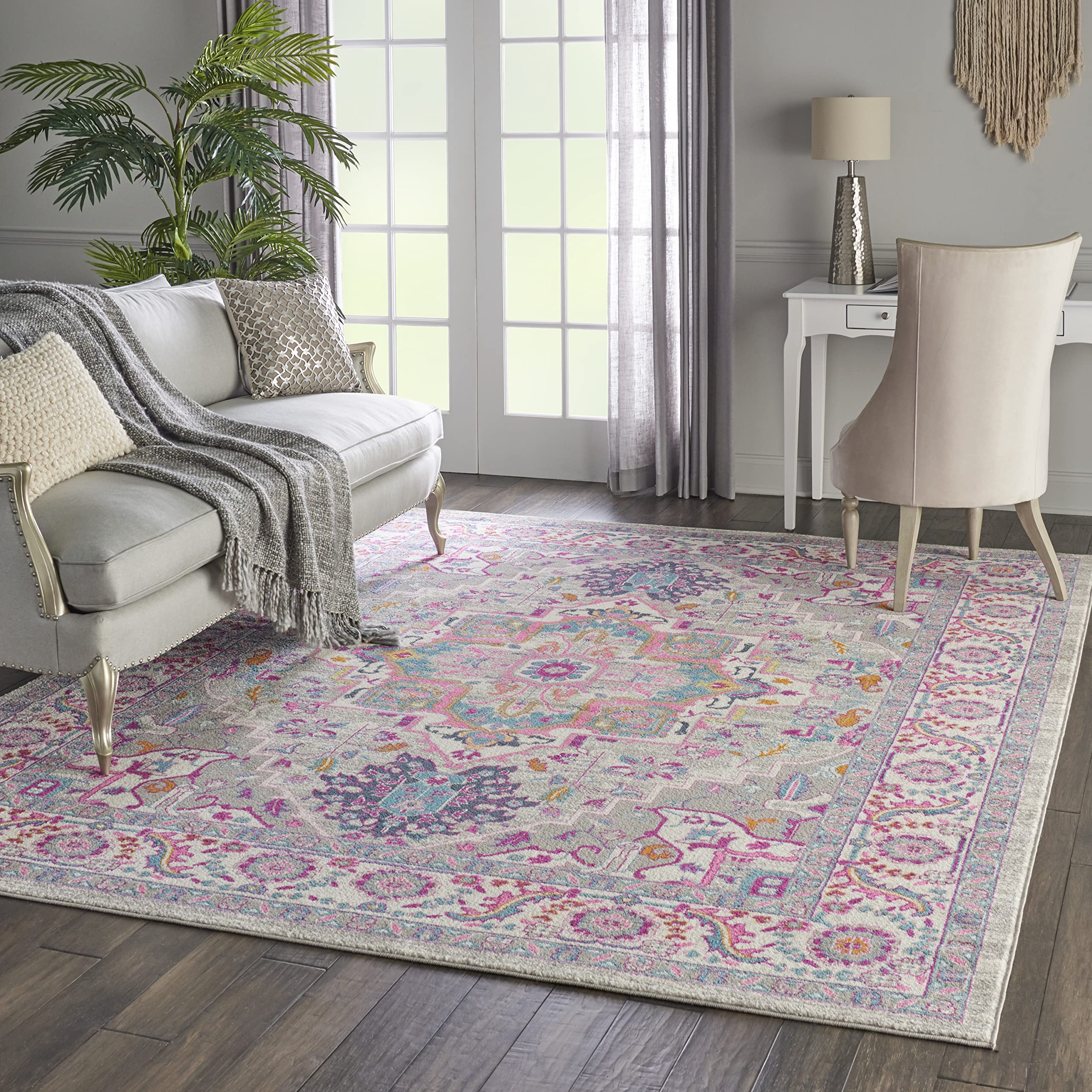 Nourison Passion Bohemian Light Grey/Pink 8' X 10' Area Rug, Easy Cleaning, Non Shedding, Bed Room, Living Room, Dining Room, Kitchen (8X10)