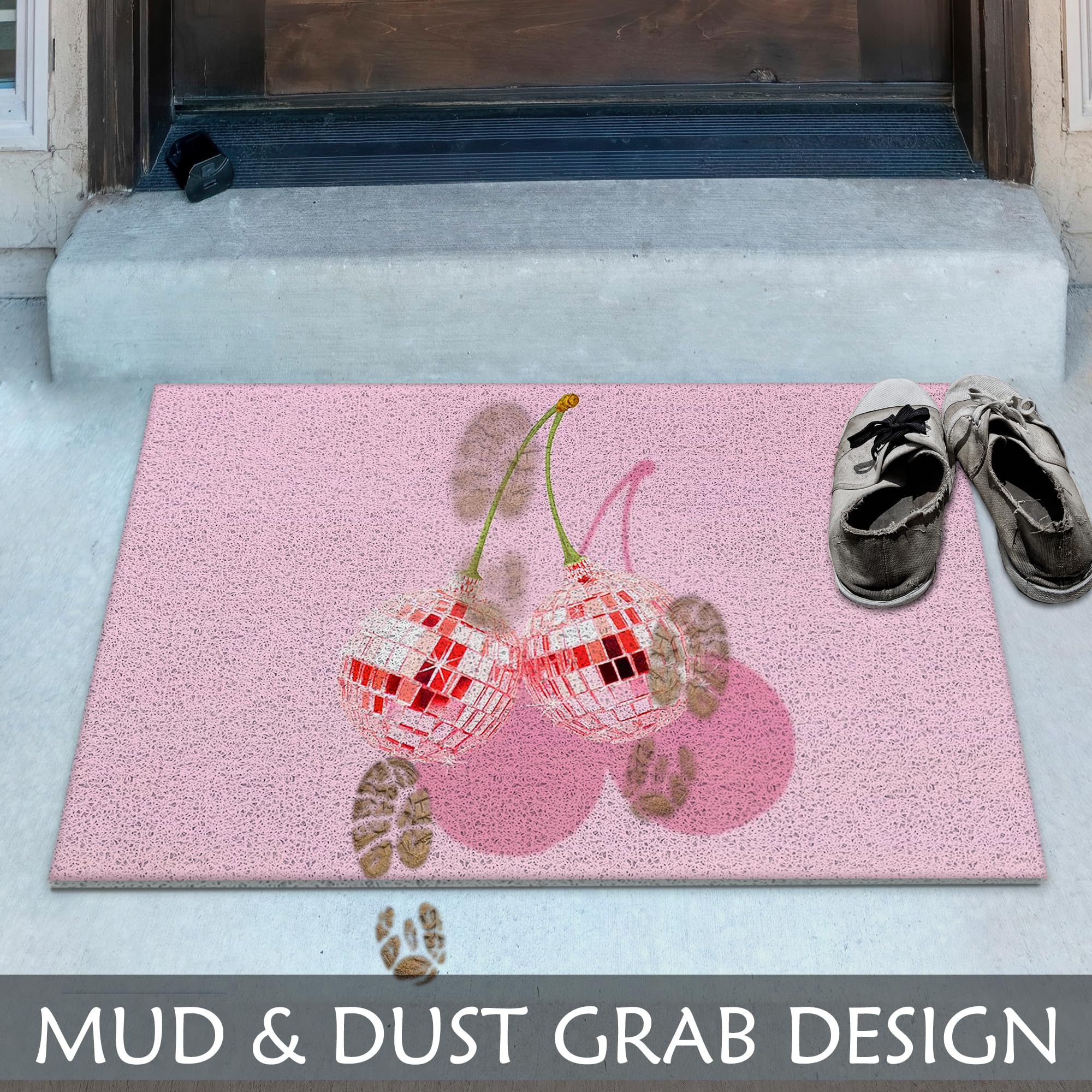 Supwhd Trendy Preppy Pink Cherry Disco Ball Door Mats Outdoor - Pink Welcome Mat, Pink Door Mat Doormat Outdoor Indoor Entrance,