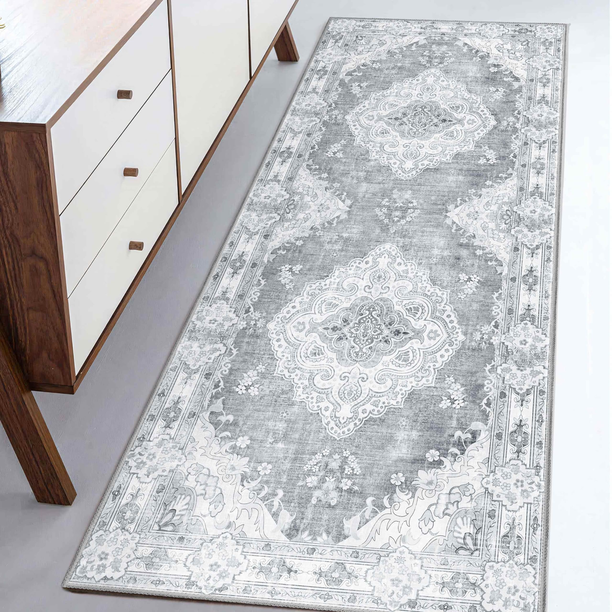 MUJOO Grey Runner Rug 2x6, Long Washable Rug Runners for Hallways Entryway Kitchen Bathroom Bedside,Boho Vintage Bohemian Dist