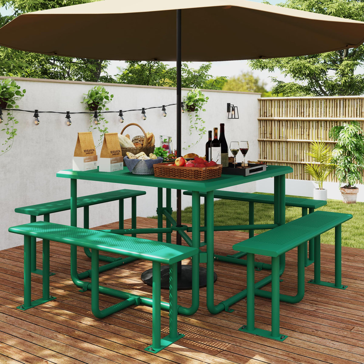 Yitahome Heavy Duty Steel Picnic Table, 46' Coated Outdoor Picnic Table W/Sturdy Steel Frame & Umbrella Hole For Yard Patio Lawn Party, Square, Green