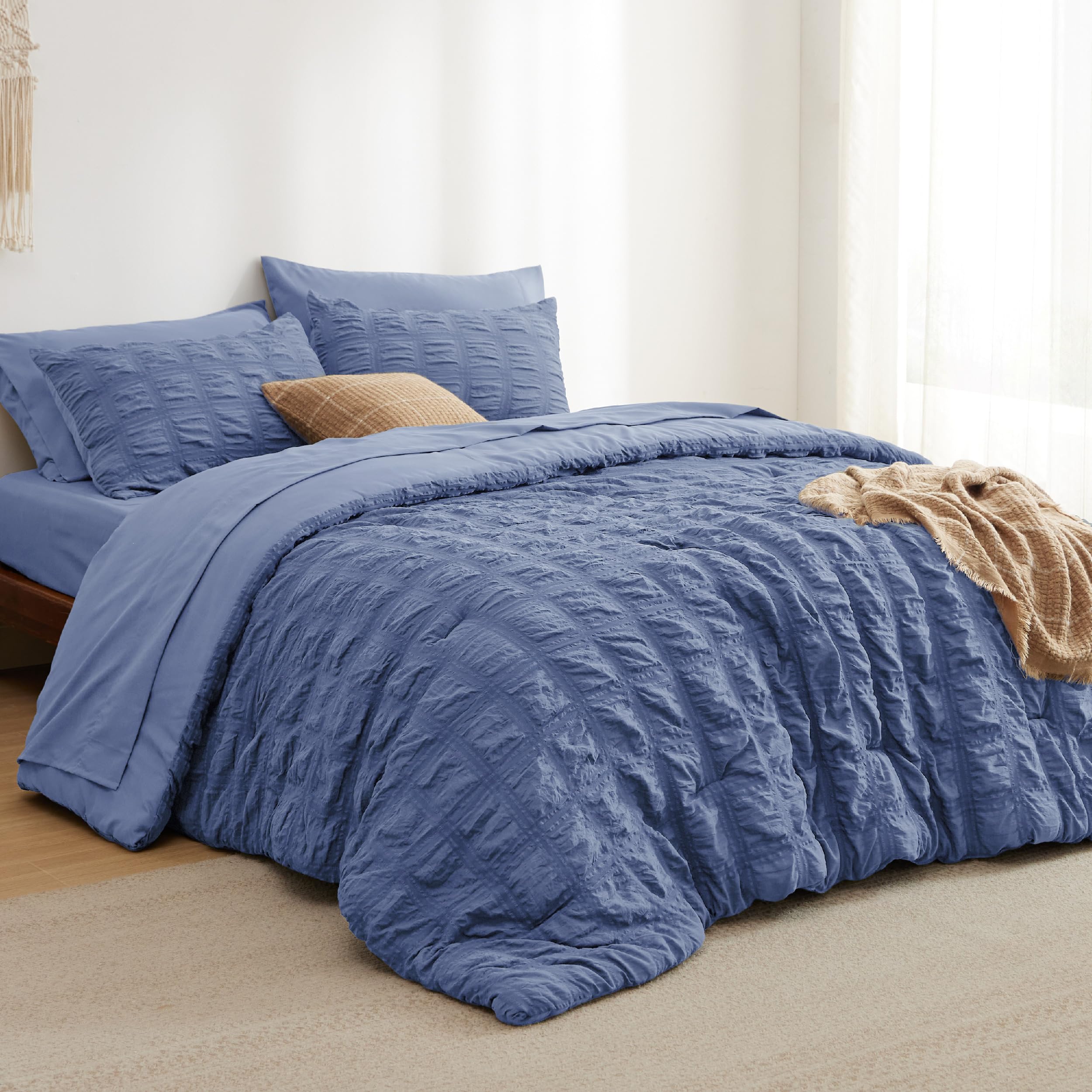 Bedsure Full Size Comforter Sets - Bed in a Bag Full Size 7 Pieces Plaid Seersucker Bedding Set, Soft Lightweight Down Alternati