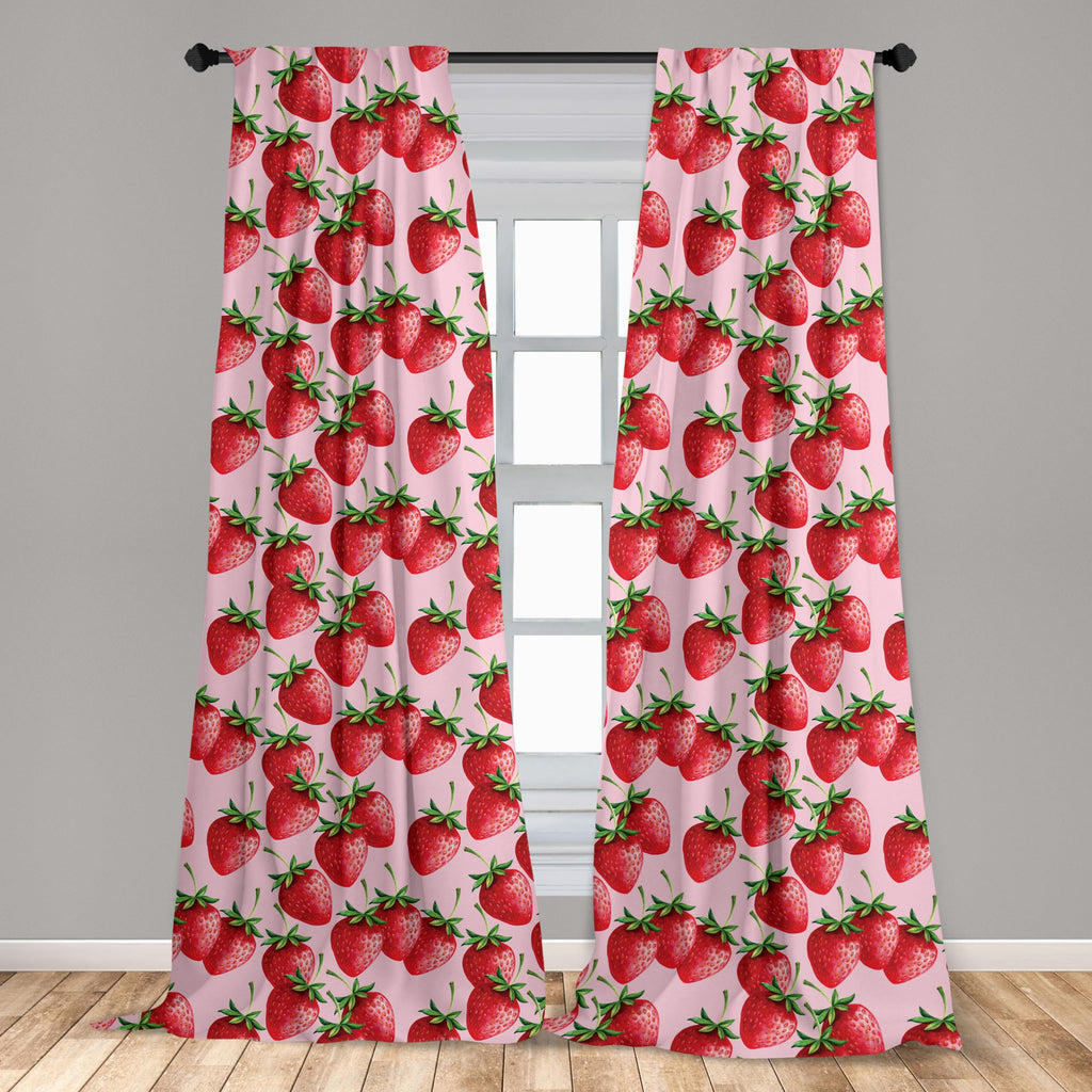 Ambesonne Fruit Window Curtains Pack Of 2, Delicious Big Strawberries On Pink Background Tasty Juicy Ripe Summer Fruits, Lightwe