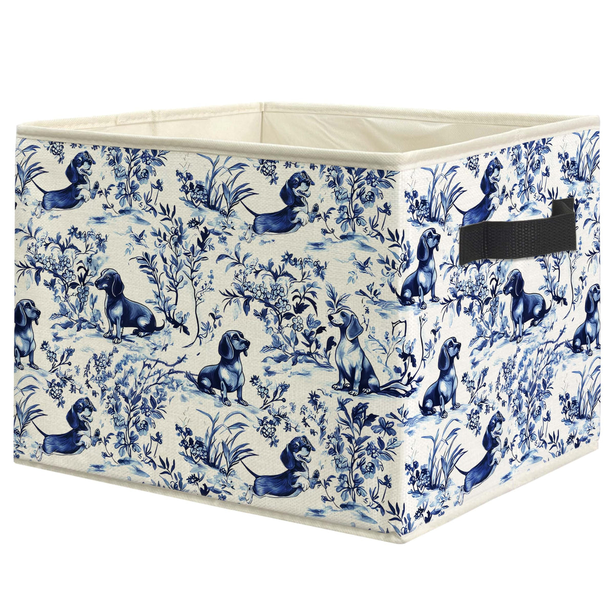 WARDOS Chinoiserie Dachshund Dog Storage Bin Box with Handles, Blue and White Toile Weiner Dog Foldable Linen Fabric Laundry Bas