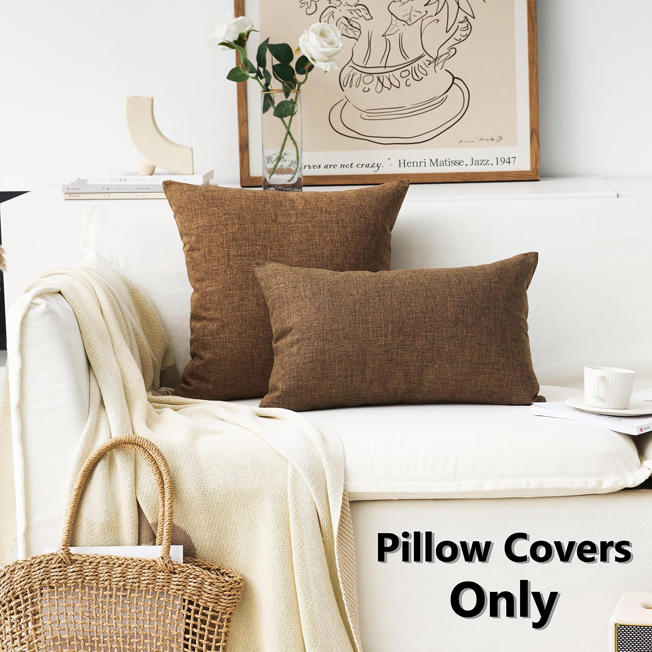 Home Brilliant Brown Throw Pillows For Couch Set Of 2 Lined Linen Throw Pillow Covers For Bench Sofa, 22X22 Inches, 55 Cm